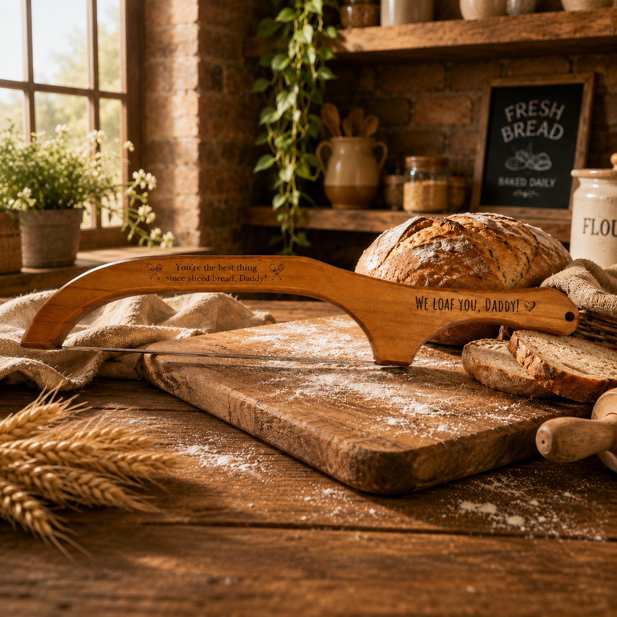Personalised Acacia Wooden Sourdough Knife, Custom Engraved Bow Saw Slicing Bread Cutter, Kitchen Tool Chef Baker Housewarming/ Wedding Gift
