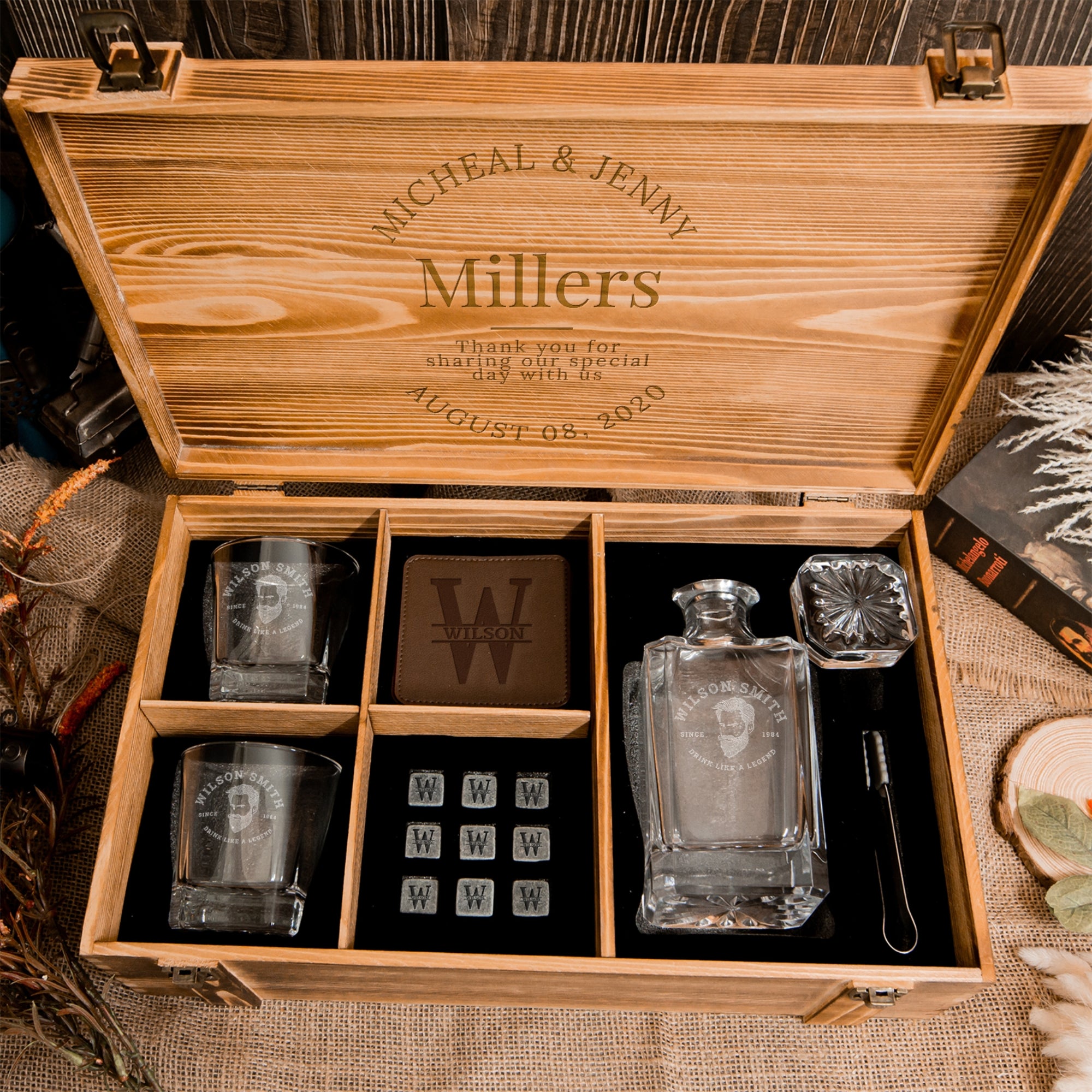 Personalised Army Wood Crate Whiskey Box, Whisky Decanter, 2 Glasses, 6 Ice Stones, 2 Coasters, Tongs, Etched Barware Groomsman Dad Gift Set