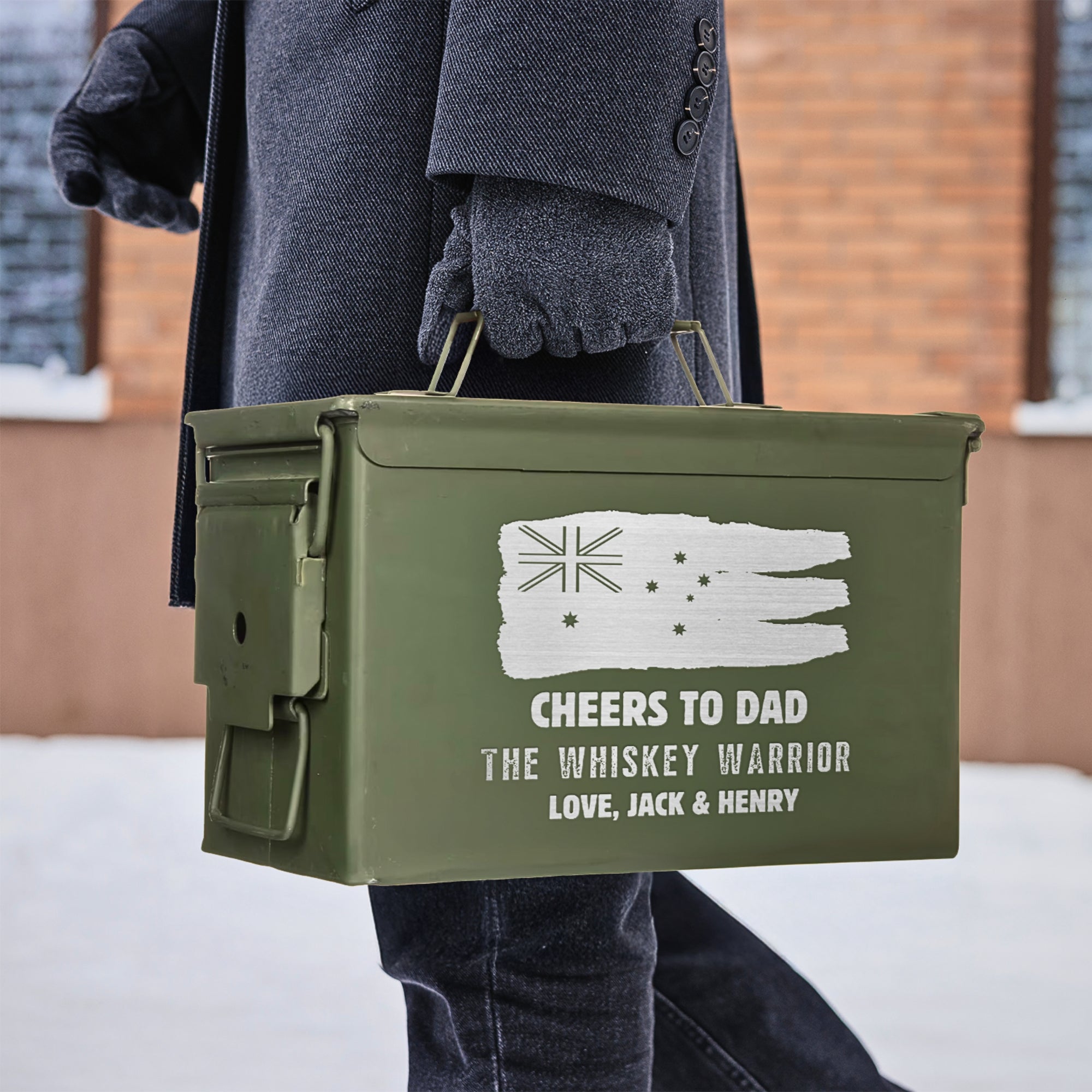 Personalised Military Whiskey Ammo Can Gift Box - Star Base Decanter, 1 Glass &amp; 6 Ice Stones Set, Etched Army Barware Groomsman Dad Gift Set