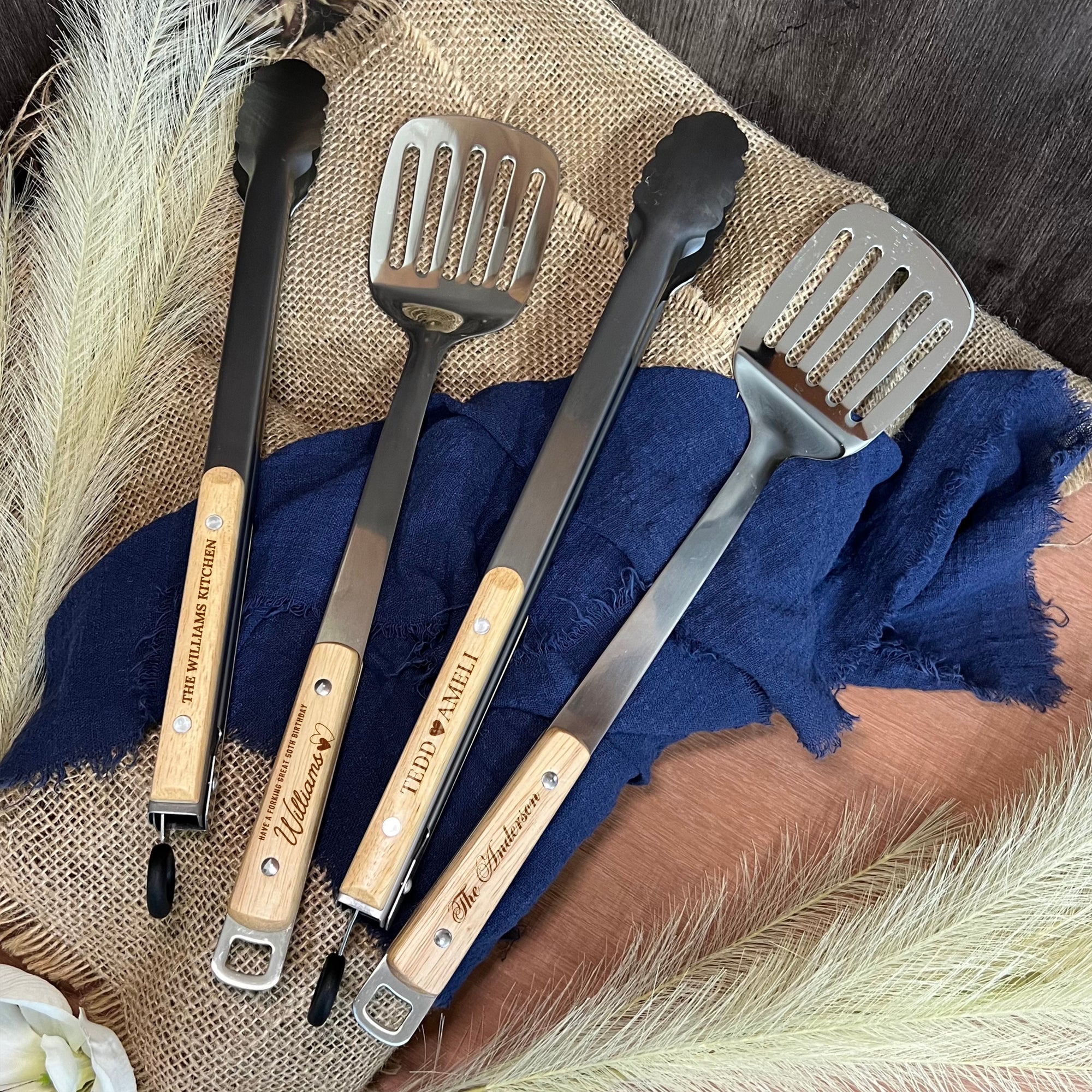 Personalised BBQ Tools Gift Set, Custom Laser Engraved Etching Barbecue Tongs &amp; Spatula, Barbeque Grill Gift Him Dad Fathers Day GrillFather
