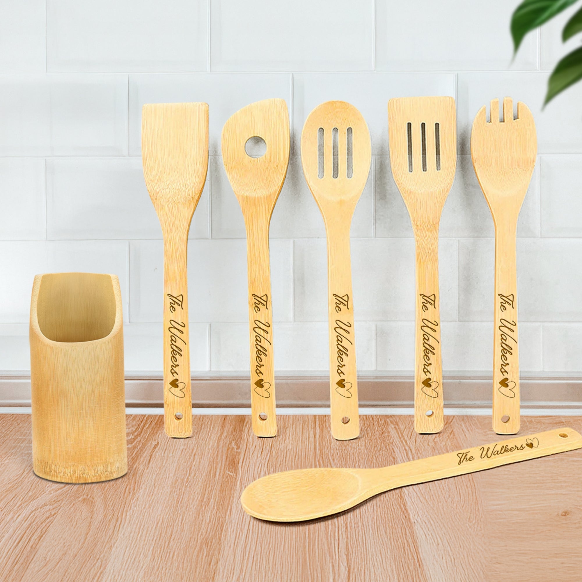 Personalised Bamboo 6 Cooking Utensils &amp; Holder Set, Custom Engraved Kitchen Tools, Mother Grandma Birthday Housewarming Logo Corporate Gift