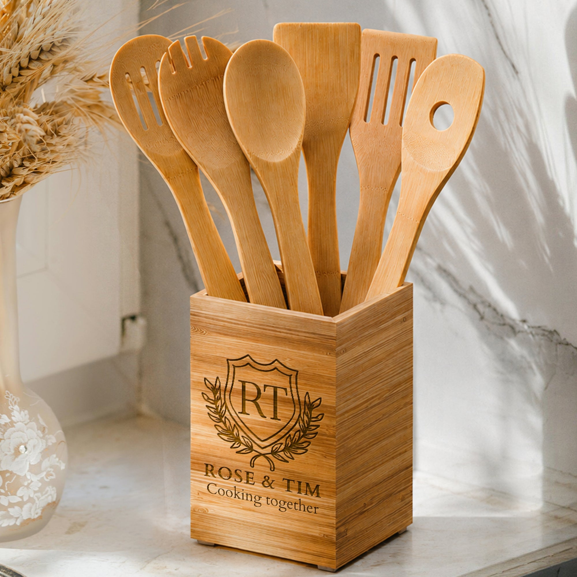Personalised Bamboo 6 Cooking Utensils & Square Holder Set, Custom Engraved Kitchen Tools Organiser, Mom Grandma Birthday, Housewarming Gift