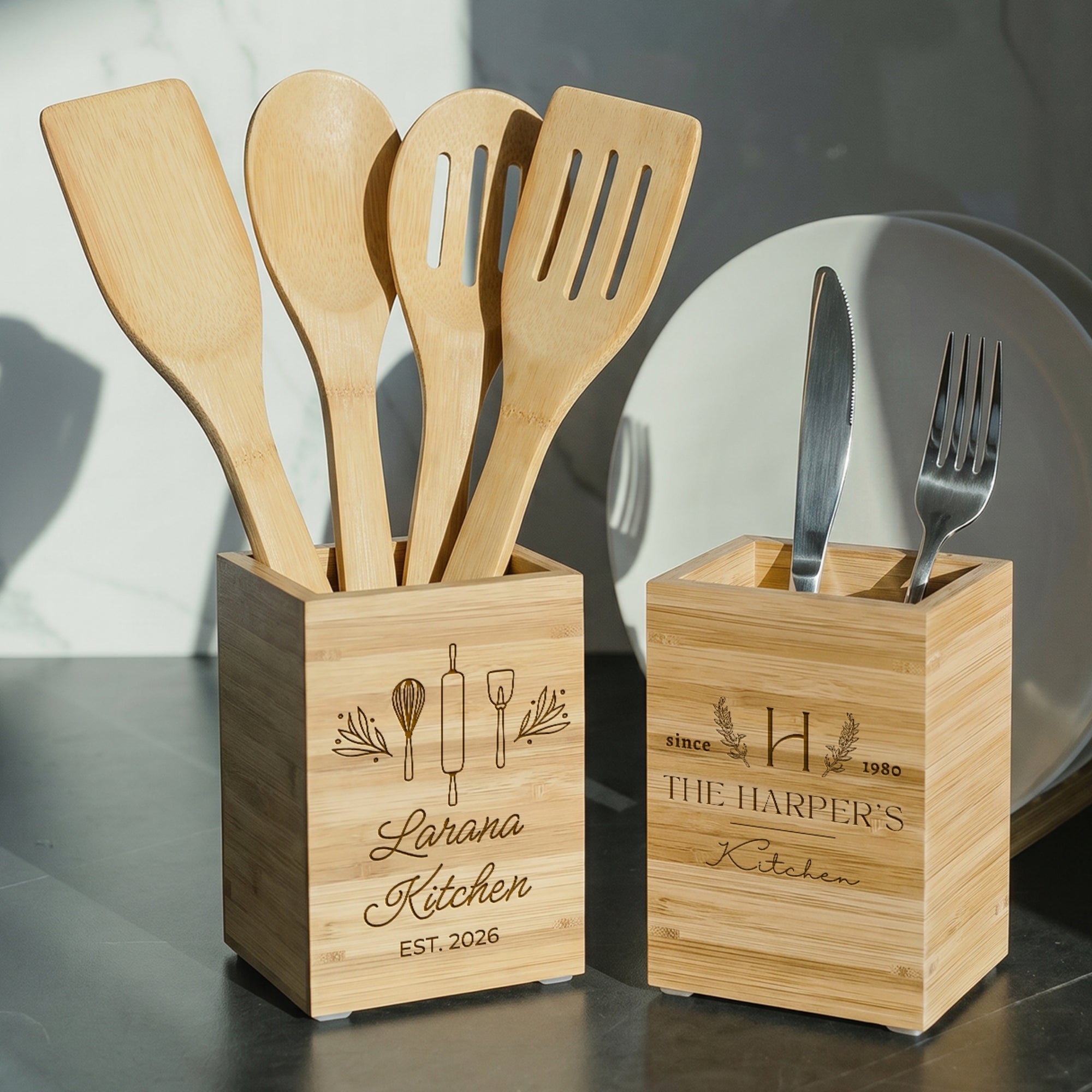 Personalised Bamboo 6 Cooking Utensils & Square Holder Set, Custom Engraved Kitchen Tools Organiser, Mom Grandma Birthday, Housewarming Gift