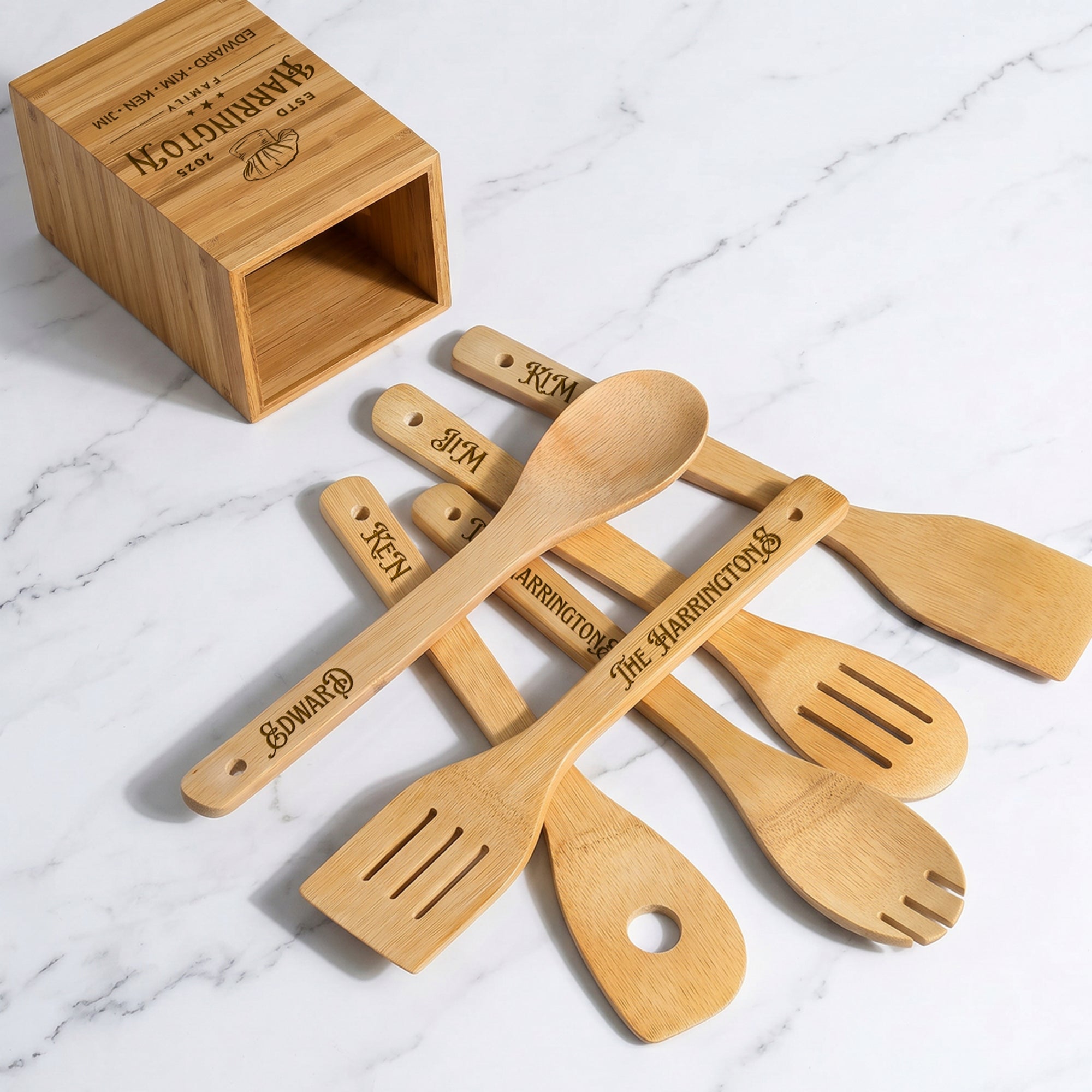 Personalised Bamboo 6 Cooking Utensils & Square Holder Set, Custom Engraved Kitchen Tools Organiser, Mom Grandma Birthday, Housewarming Gift