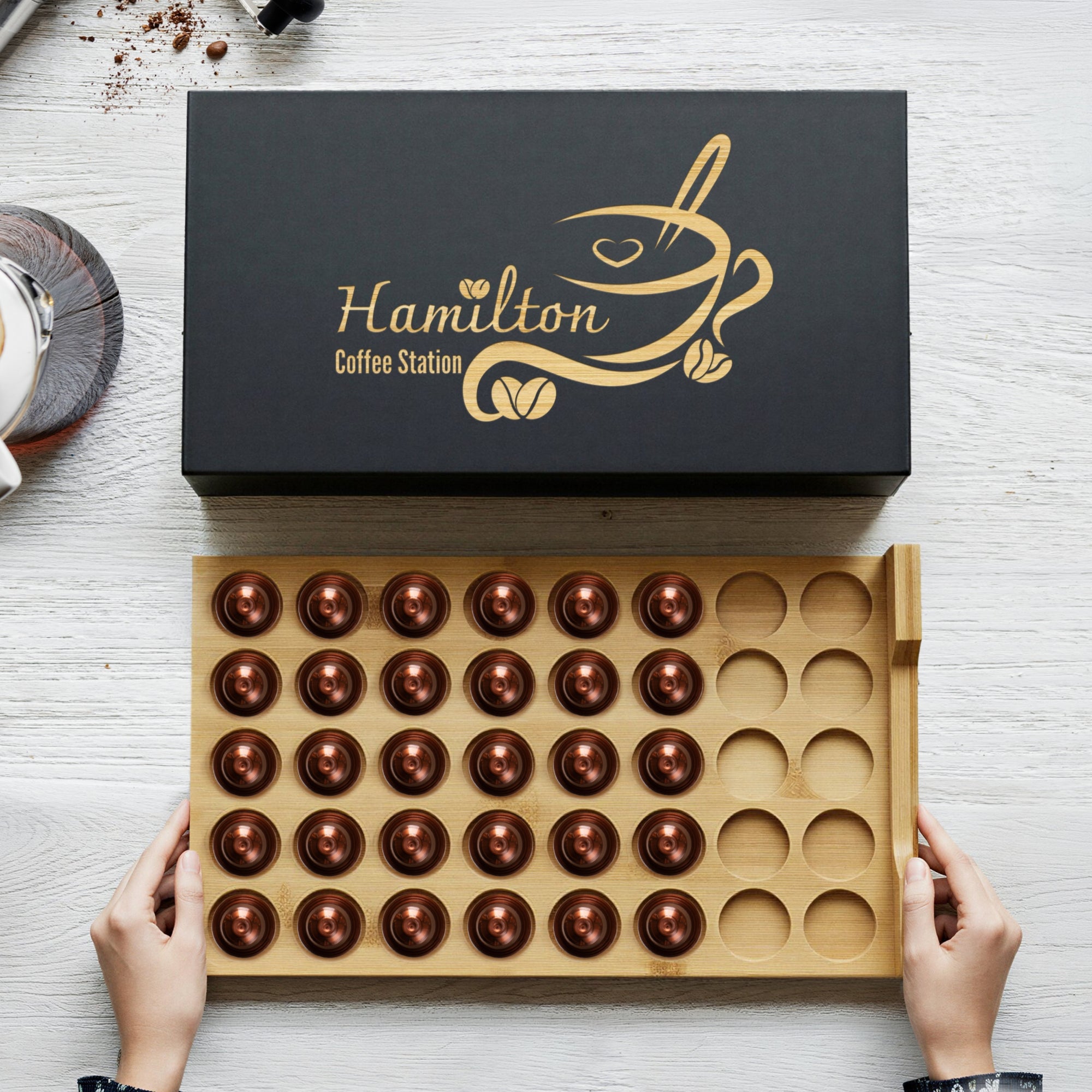 Personalised Bamboo Coffee 40 Capsules Drawer, Custom Engraved Wooden Pod Storage, Kitchen Cafe Bar Organiser, Housewarming/ Birthday Gift