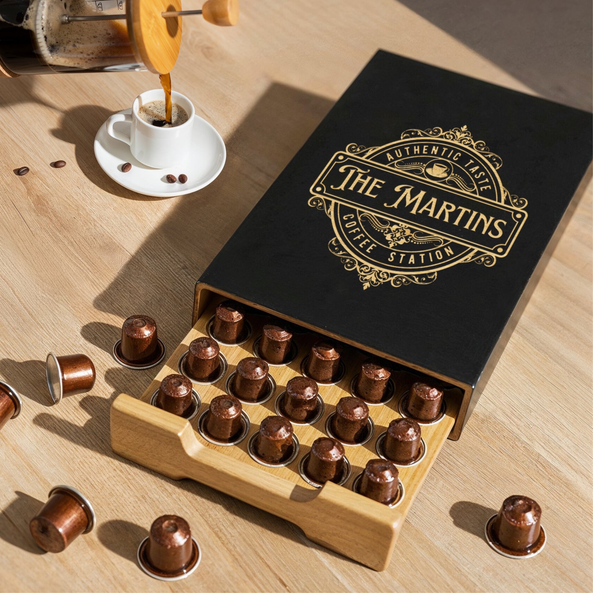 Personalised Bamboo Coffee 40 Capsules Drawer, Custom Engraved Wooden Pod Storage, Kitchen Cafe Bar Organiser, Housewarming/ Birthday Gift