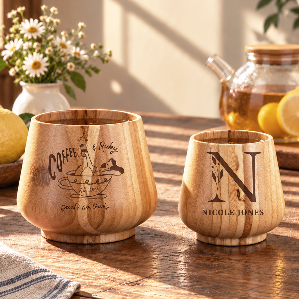 Personalised Bamboo Cup, Custom Engraved Name Reusable Eco Coffee/ Beverage Tumbler, Logo Drinkware, Birthday, Housewarming, Corporate Gift