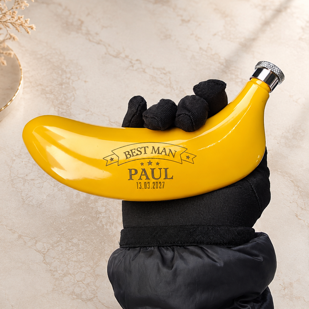 Personalised Banana Hip Flask 5oz, Custom Engraved Novelty Stainless Steel Flask with Hook & Funnel, Funny Bucks Party Birthday Travel Gift 