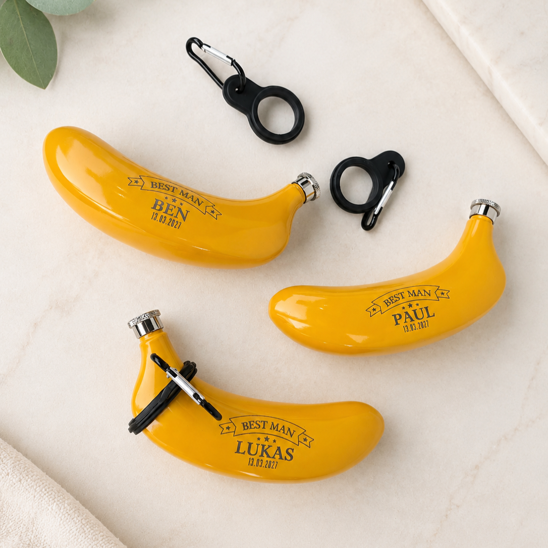 Personalised Banana Hip Flask 5oz, Custom Engraved Novelty Stainless Steel Flask with Hook &amp; Funnel, Funny Bucks Party Birthday Travel Gift 