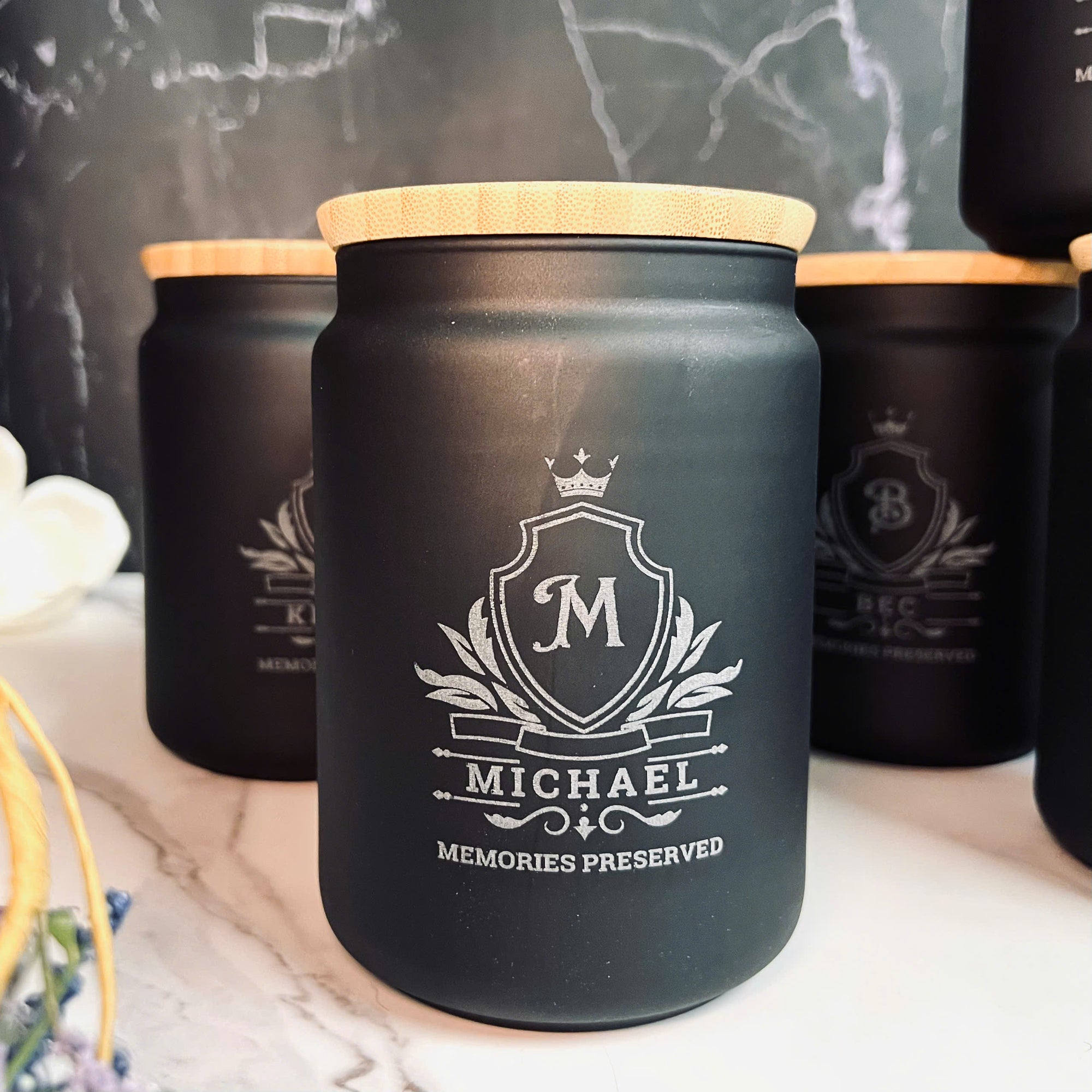 Personalised Black Glass Jar &amp; Wooden Lid, Custom Etched Logo Jar, Coffee, Tea Storage, Cookie Lollies Canister, Housewarming, Mom Xmas Gift