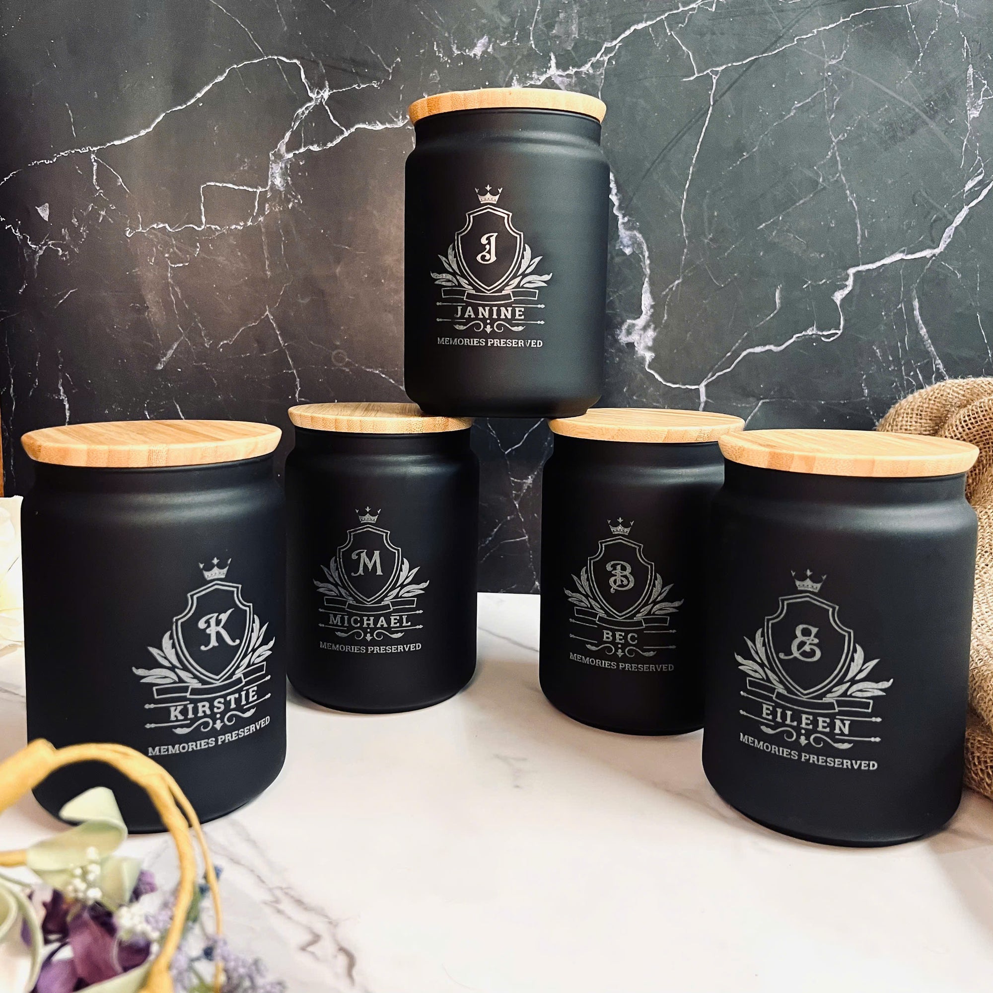 Personalised Black Glass Jar &amp; Wooden Lid, Custom Etched Logo Jar, Coffee, Tea Storage, Cookie Lollies Canister, Housewarming, Mom Xmas Gift