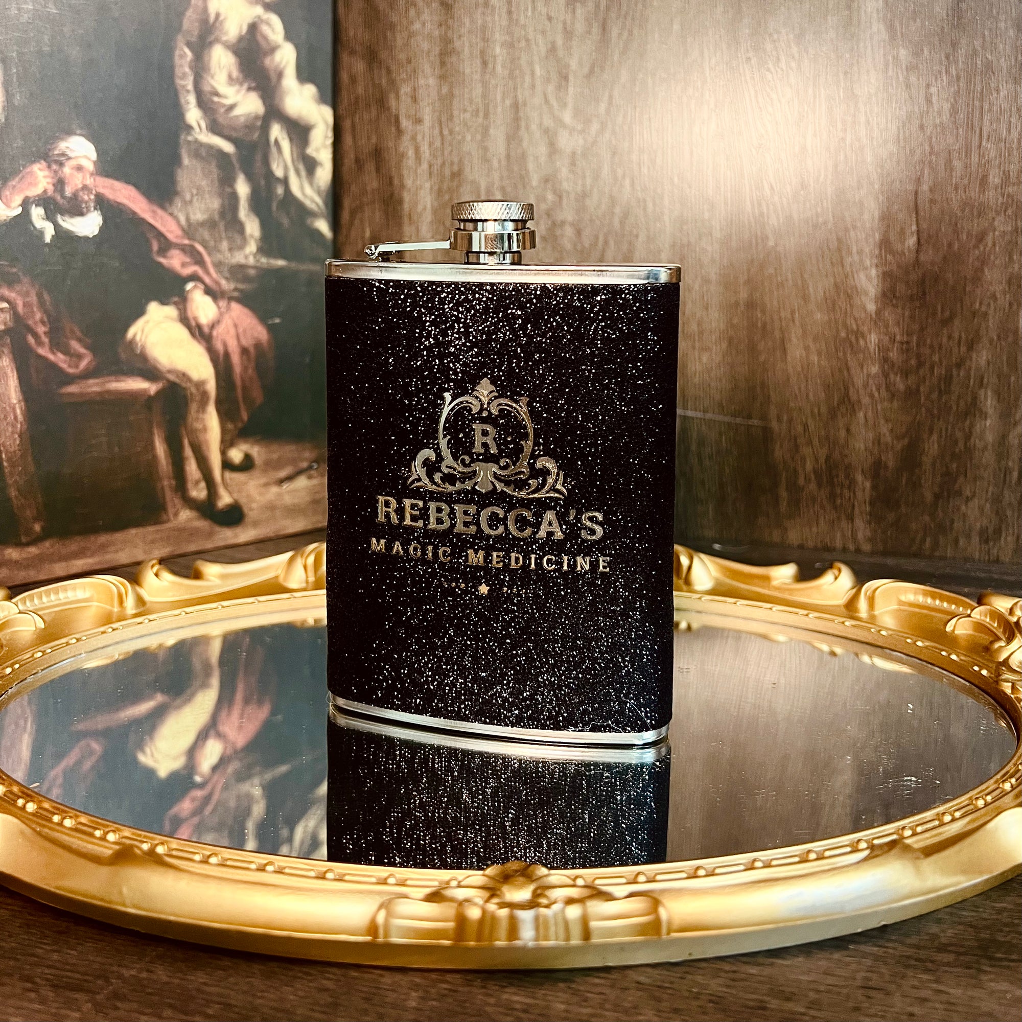 Personalised Glitter Stainless Steel 8oz Liquor Hip Flask &amp; Funnel, Custom Engraved Bridesmaid Proposal, Wedding Favour, Logo Corporate Gift