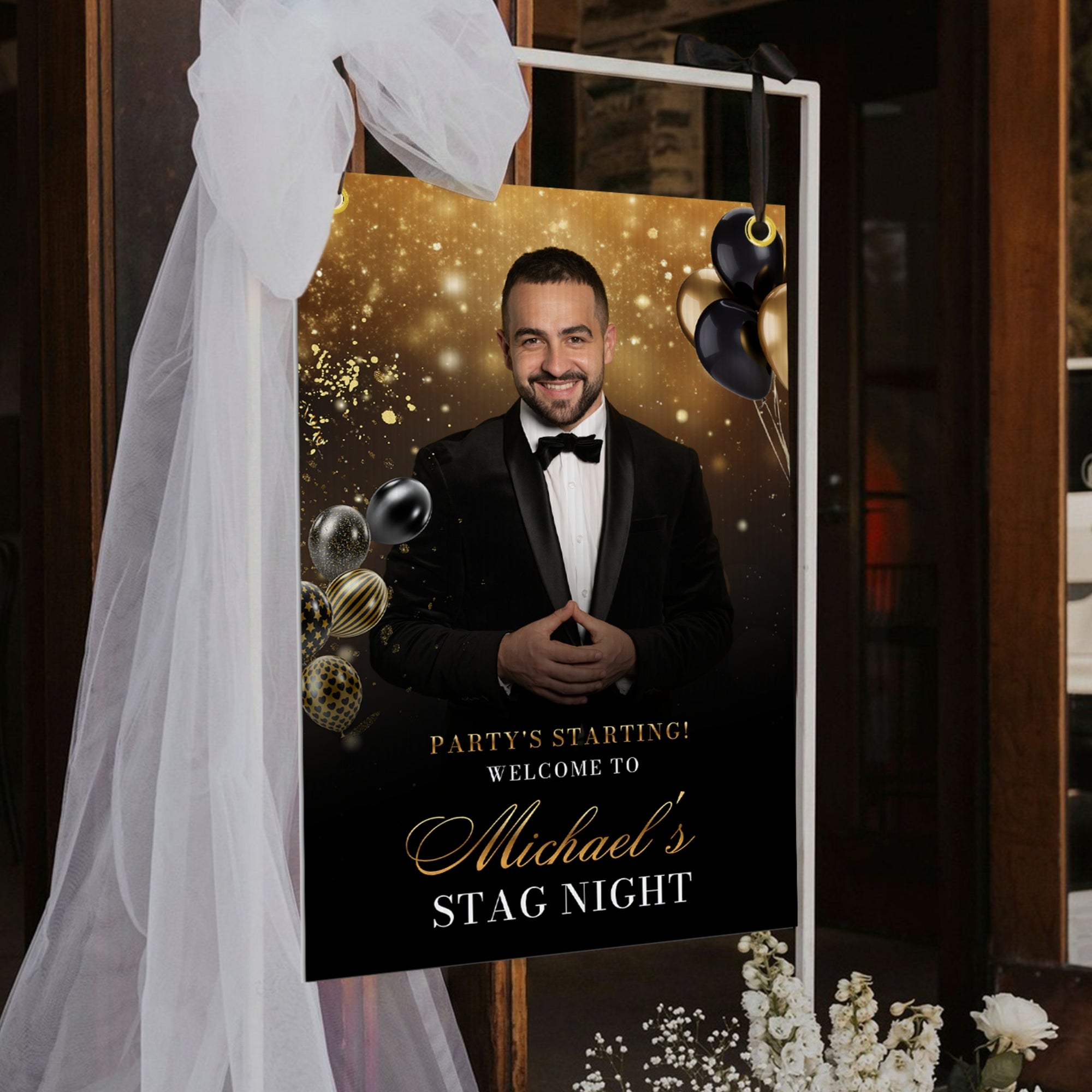 Personalised Black & Gold Photo Welcome Corflute Sign, Custom Print Reception Birthday, Bachelor Party, Bridal Shower Event Occasion Signage