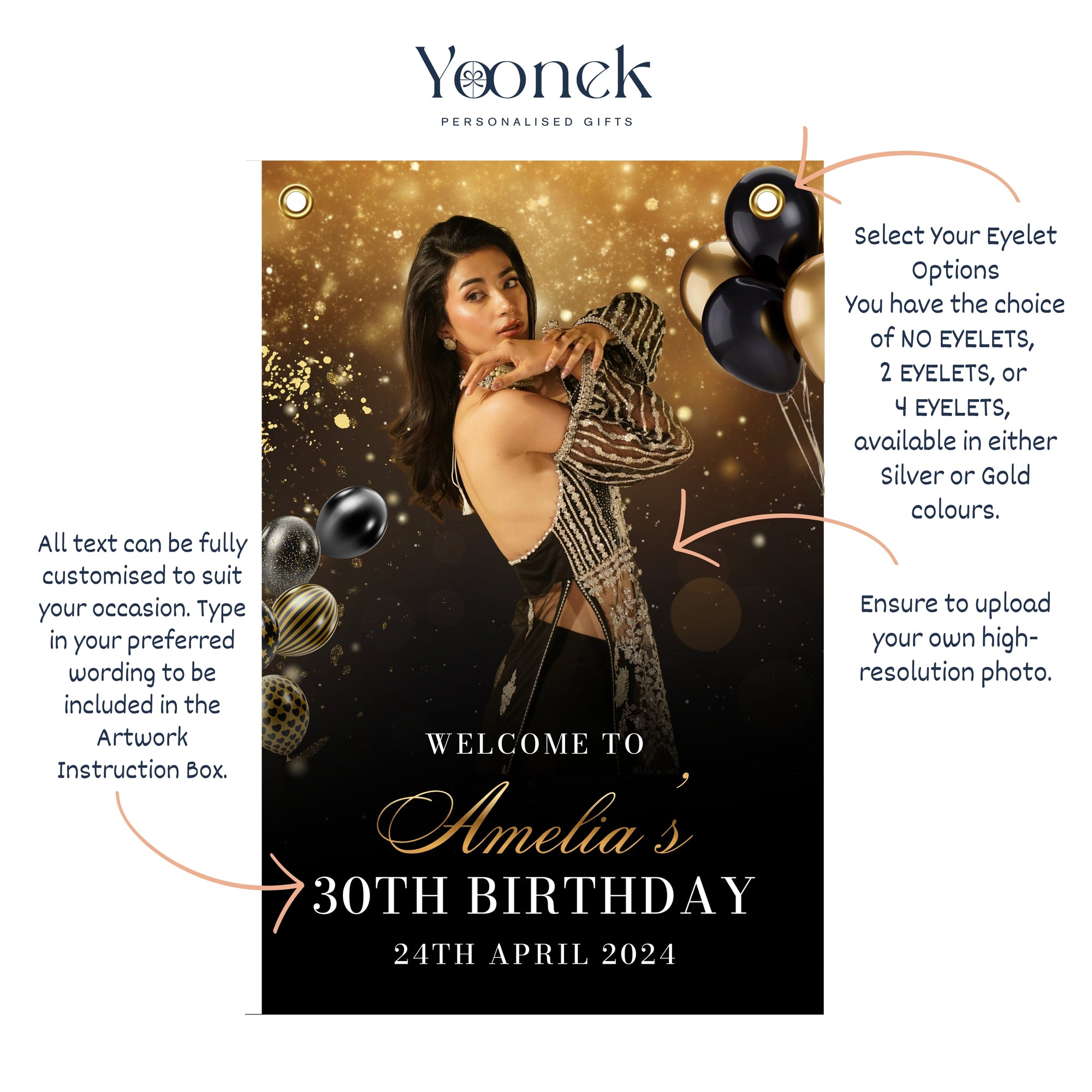 Personalised Black &amp; Gold Photo Welcome Corflute Sign, Custom Print Reception Birthday, Bachelor Party, Bridal Shower Event Occasion Signage