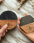 Personalised Black Marble Acacia Wooden Coaster, Custom Engraved Logo Family Drink Mat Set, Wedding, Birthday, Housewarming, Corporate Gift