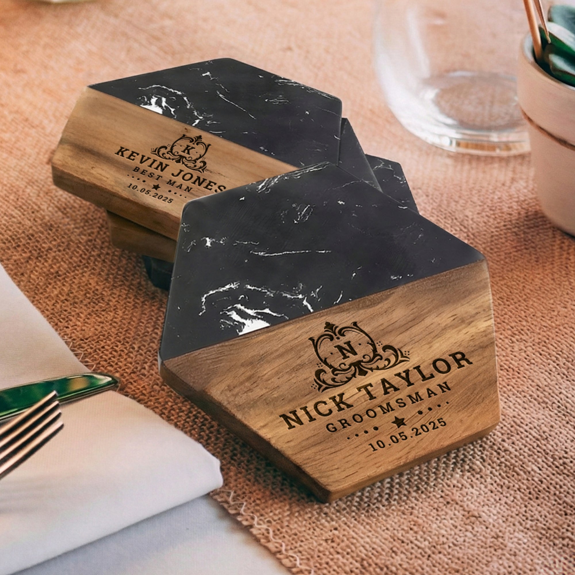 Personalised Black Marble Acacia Wooden Coaster, Custom Engraved Logo Family Drink Mat Set, Wedding, Birthday, Housewarming, Corporate Gift