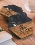 Personalised Black Marble Acacia Wooden Coaster, Custom Engraved Logo Family Drink Mat Set, Wedding, Birthday, Housewarming, Corporate Gift
