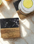 Personalised Black Marble Acacia Wooden Coaster, Custom Engraved Logo Family Drink Mat Set, Wedding, Birthday, Housewarming, Corporate Gift