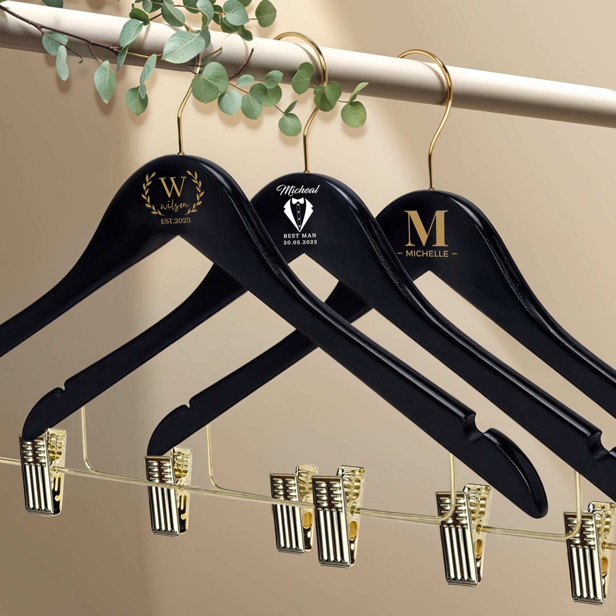 Personalised Wooden Combination Hanger, Gold Pants Clips &amp; Hook, Custom Logo Retail Coat Suit Hangers, Wedding, Housewarming, Corporate Gift