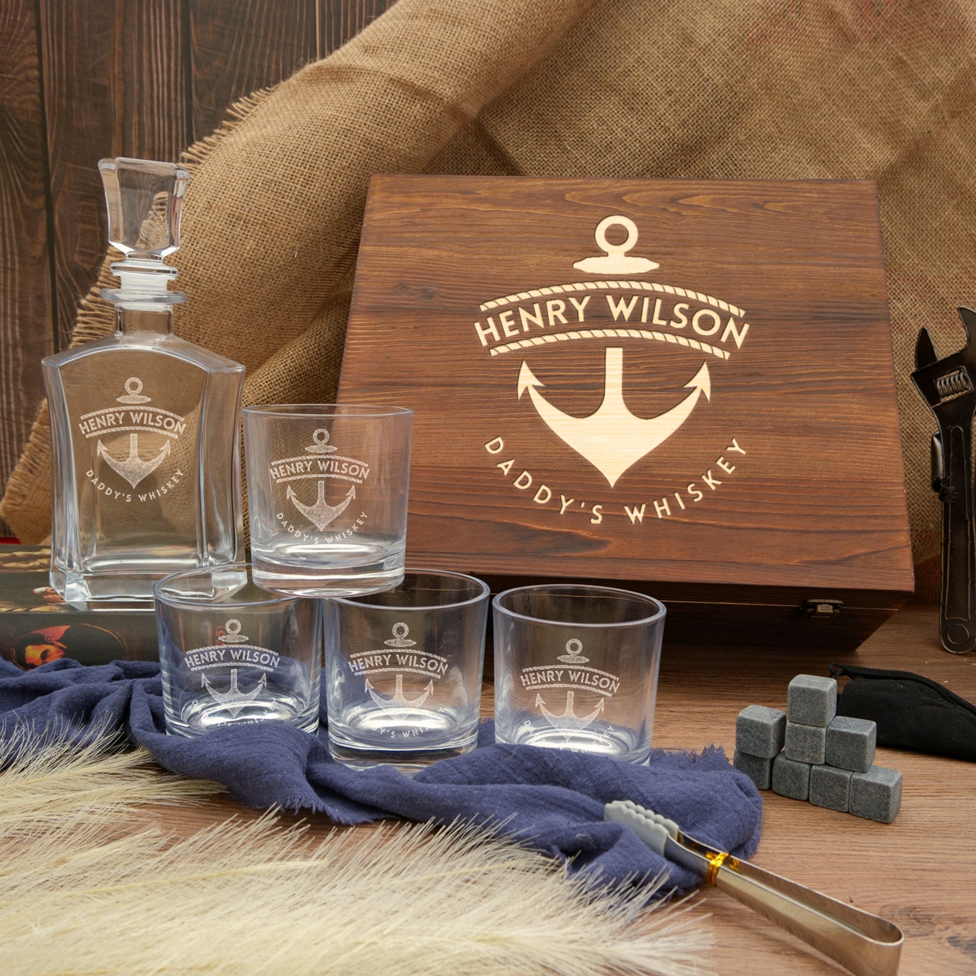 Personalised Wooden Boxed Flat Whiskey Decanter Set, 4 Scotch Glasses, 8 Ice Stones & Tongs | Custom Engraved Groomsmen, Wedding Bar Gift