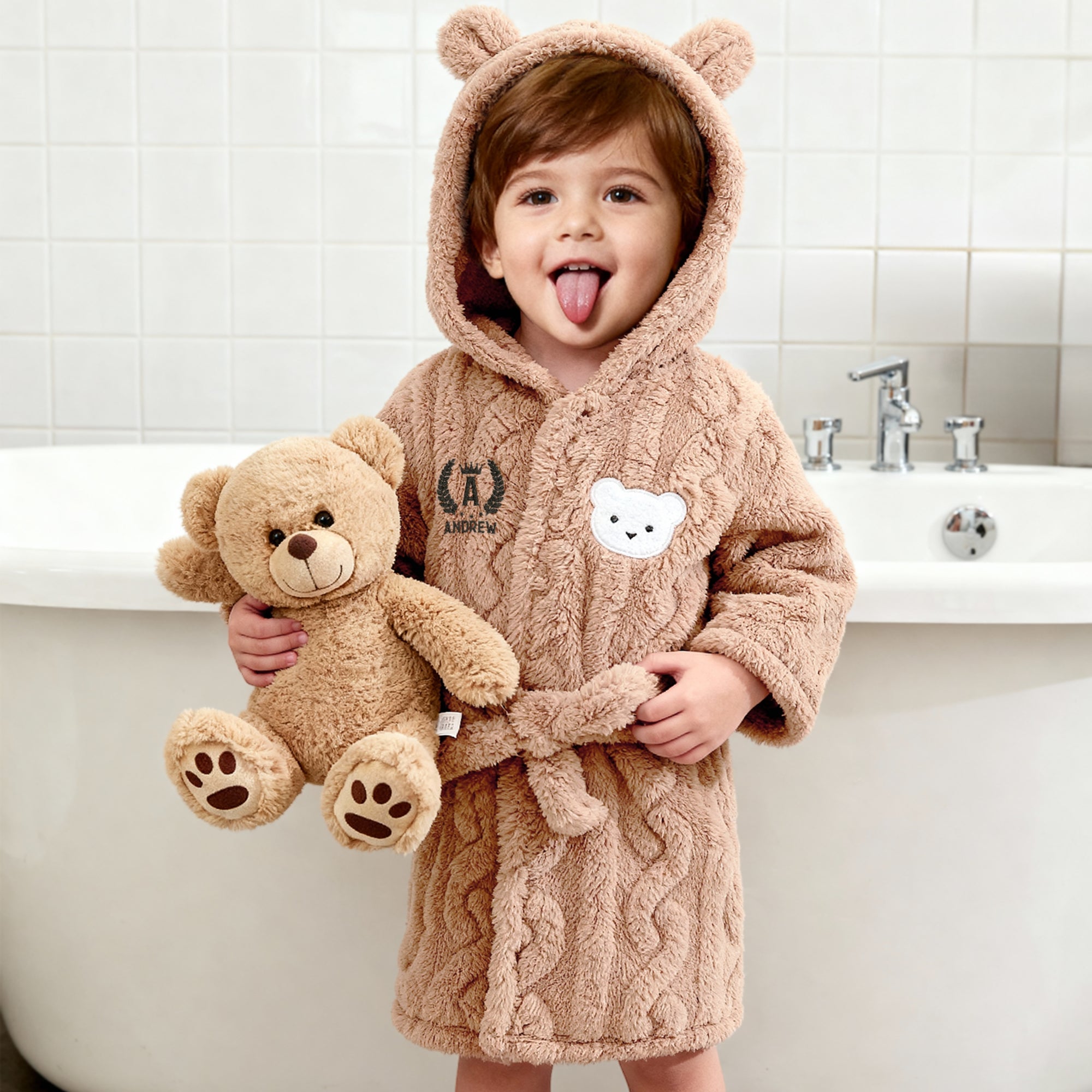 Personalised Cable Knit Kid Bathrobe, Custom Name Embroidered Baby Dressing Gown, Bear Ear Hooded Baby Robe, Christening Birthday, Xmas Gift