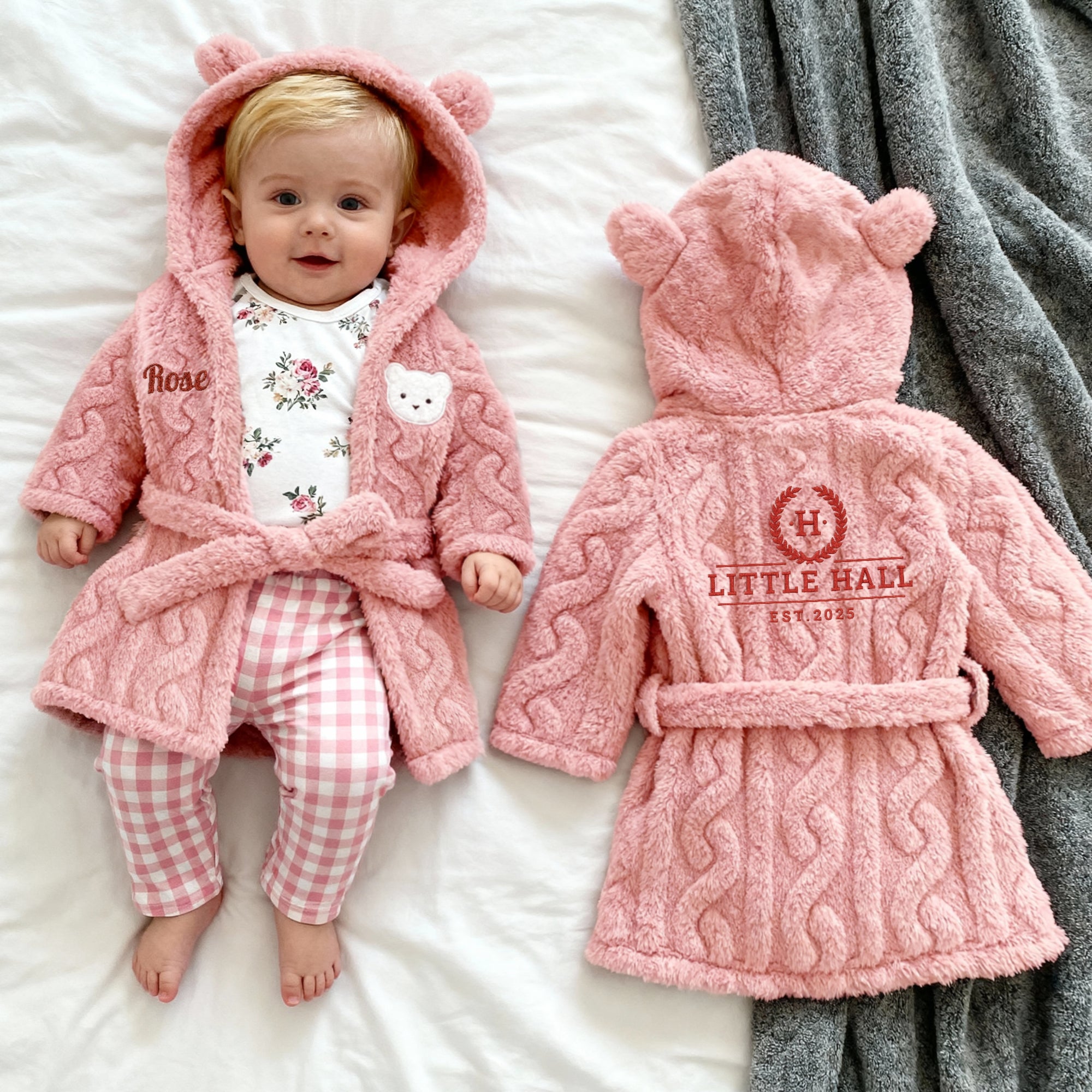 Personalised Cable Knit Kid Bathrobe, Custom Name Embroidered Baby Dressing Gown, Bear Ear Hooded Baby Robe, Christening Birthday, Xmas Gift