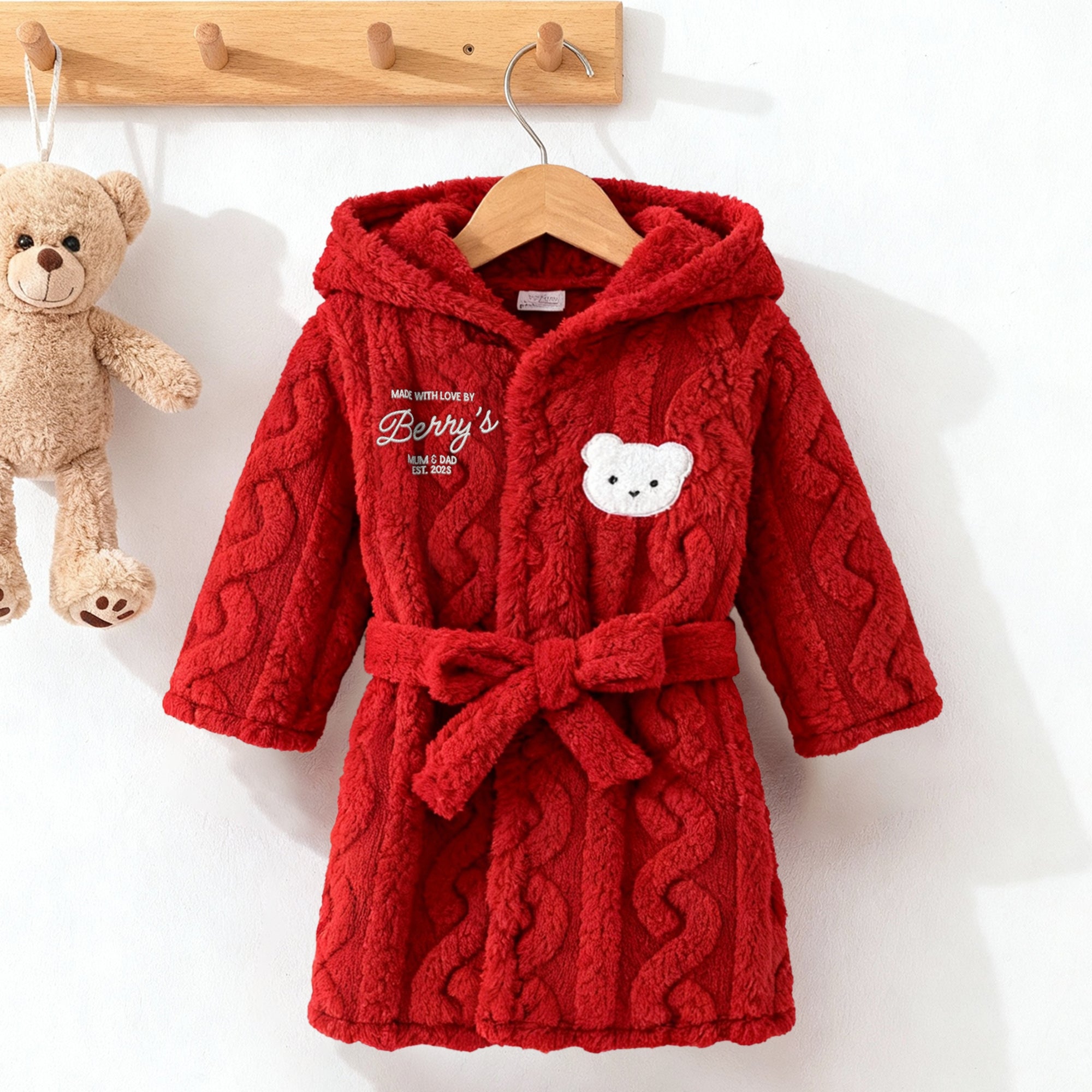 Personalised Cable Knit Kid Bathrobe, Custom Name Embroidered Baby Dressing Gown, Bear Ear Hooded Baby Robe, Christening Birthday, Xmas Gift