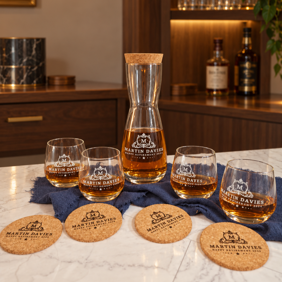 Personalised Carafe Set with 4 Glasses, Cork Coasters &amp; Lid, Custom Engraved Whiskey, Drink, Juice, Wine Decanter, Wedding, Housewarming Gift