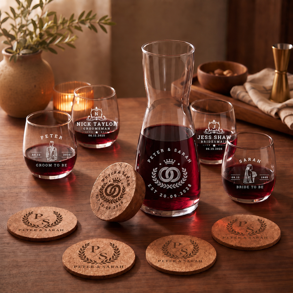 Personalised Engraved Carafe Set with 4 Glasses, Cork Coasters & Lid