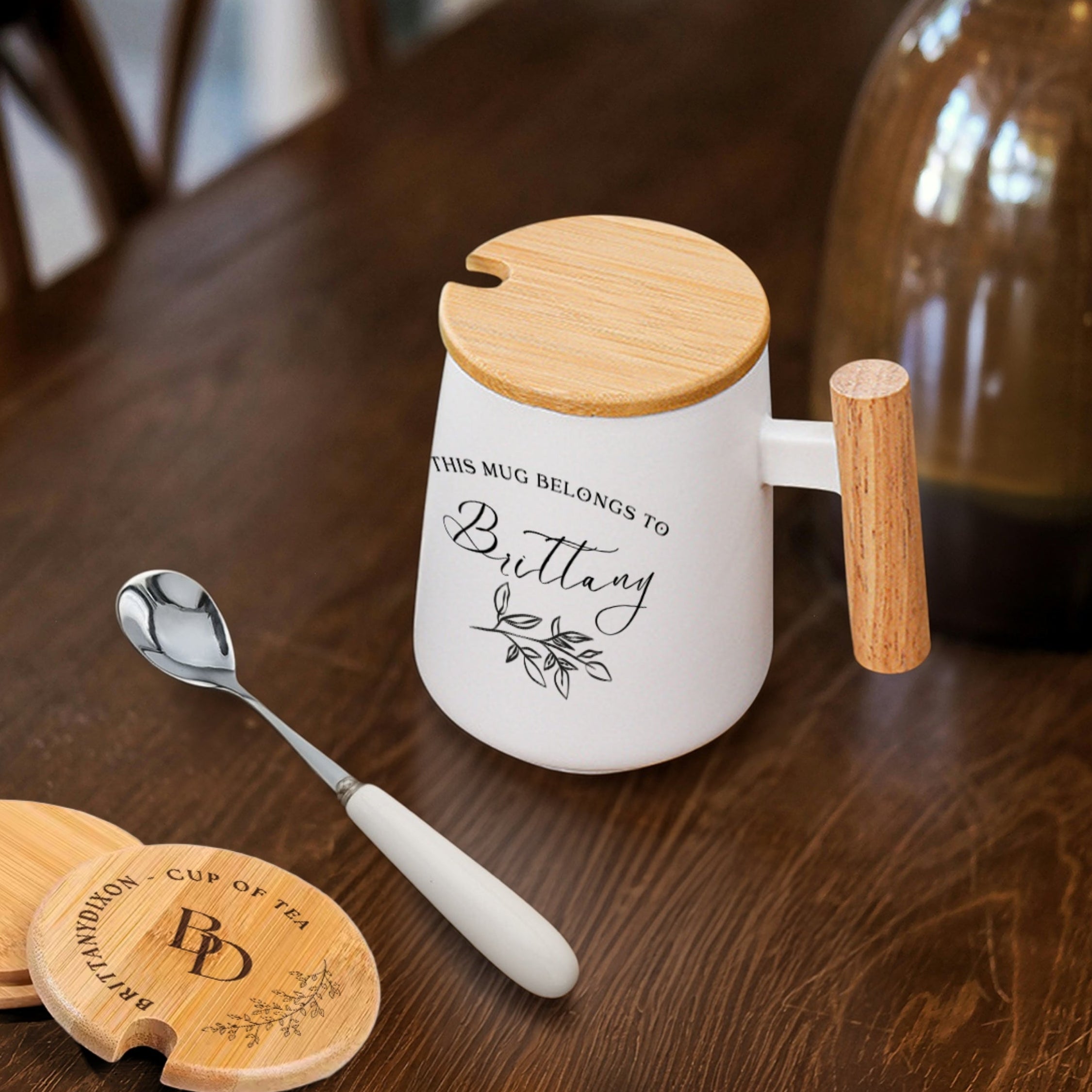 Personalised Ceramic Coffee Tea Mug & Wood Lid, Spoon Set | Custom ...