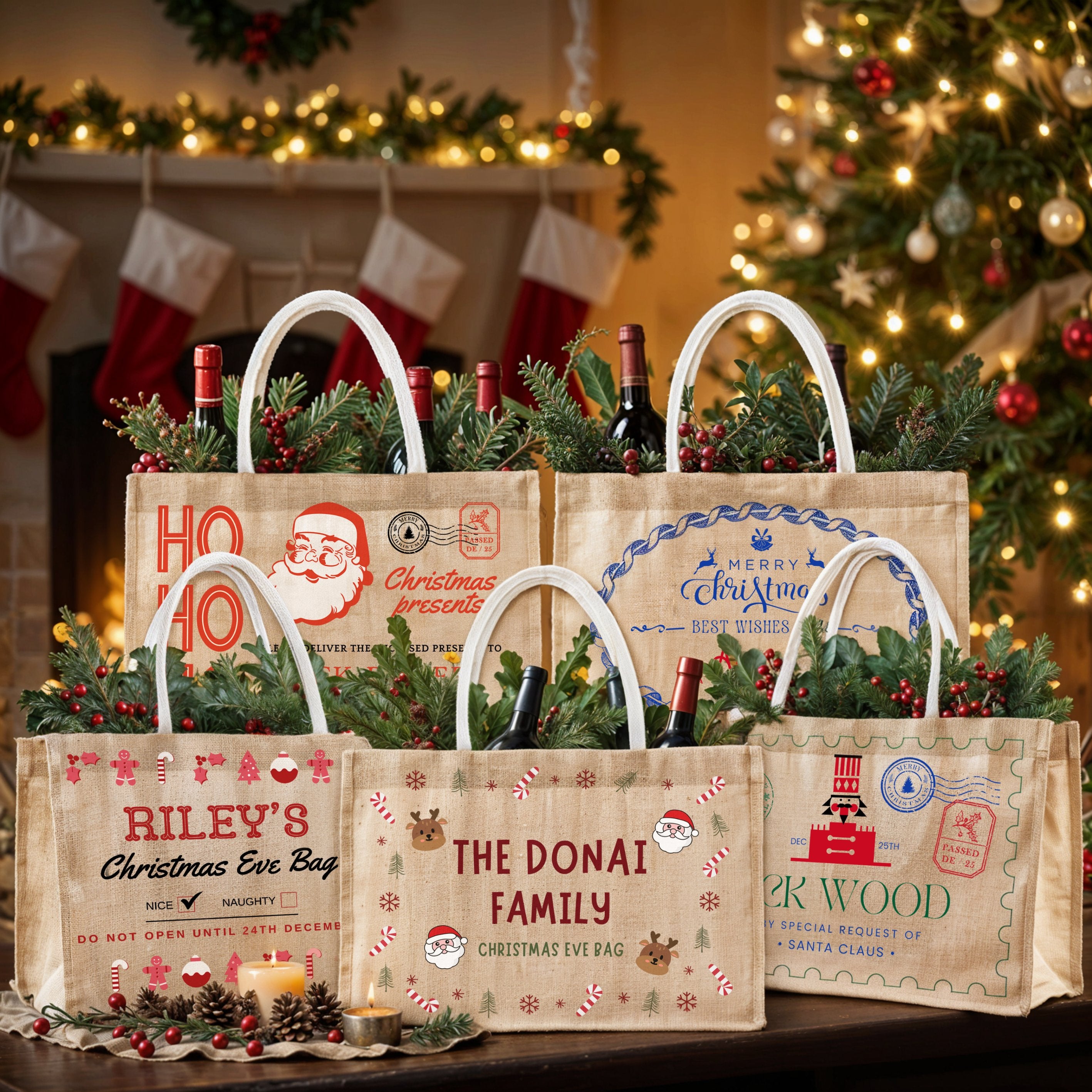 Personalised Christmas Eve Jute Bag Customised Merry Xmas Stamp Presents Burlap Tote Bag Kid Family Santa North Pole Delivery Gift Storage Yoonek Gifts