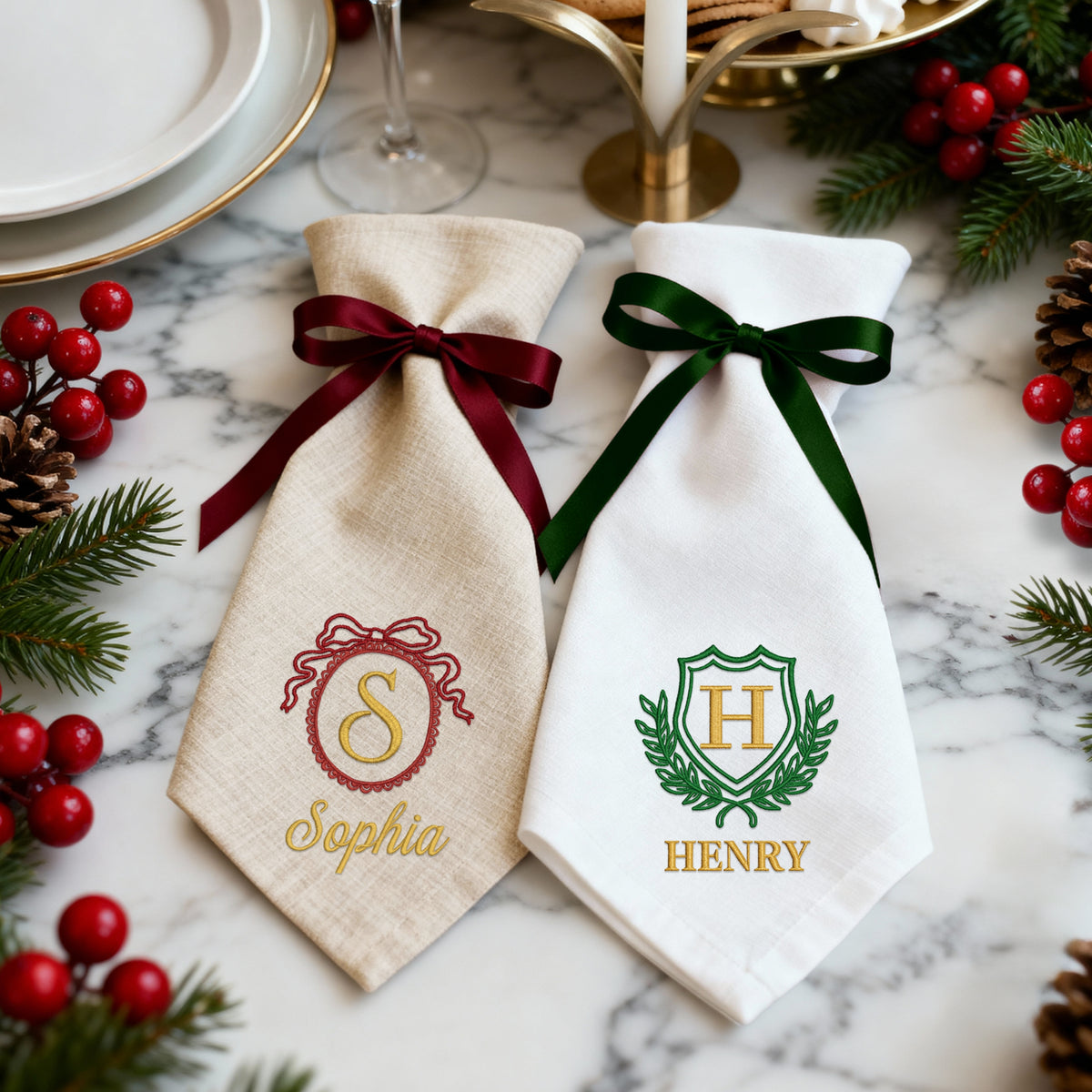 Personalised Christmas Linen Napkin, Custom Embroidered Holiday Dinner ...