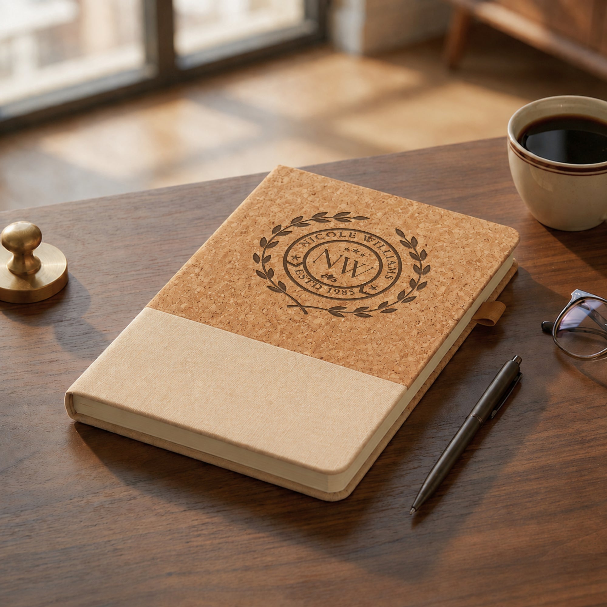 Personalised Cork &amp; Fabric A5 Notebook, Eco-Friendly Custom Engraved Lined Diary, Business Logo Journal, Graduation Birthday, Corporate Gift