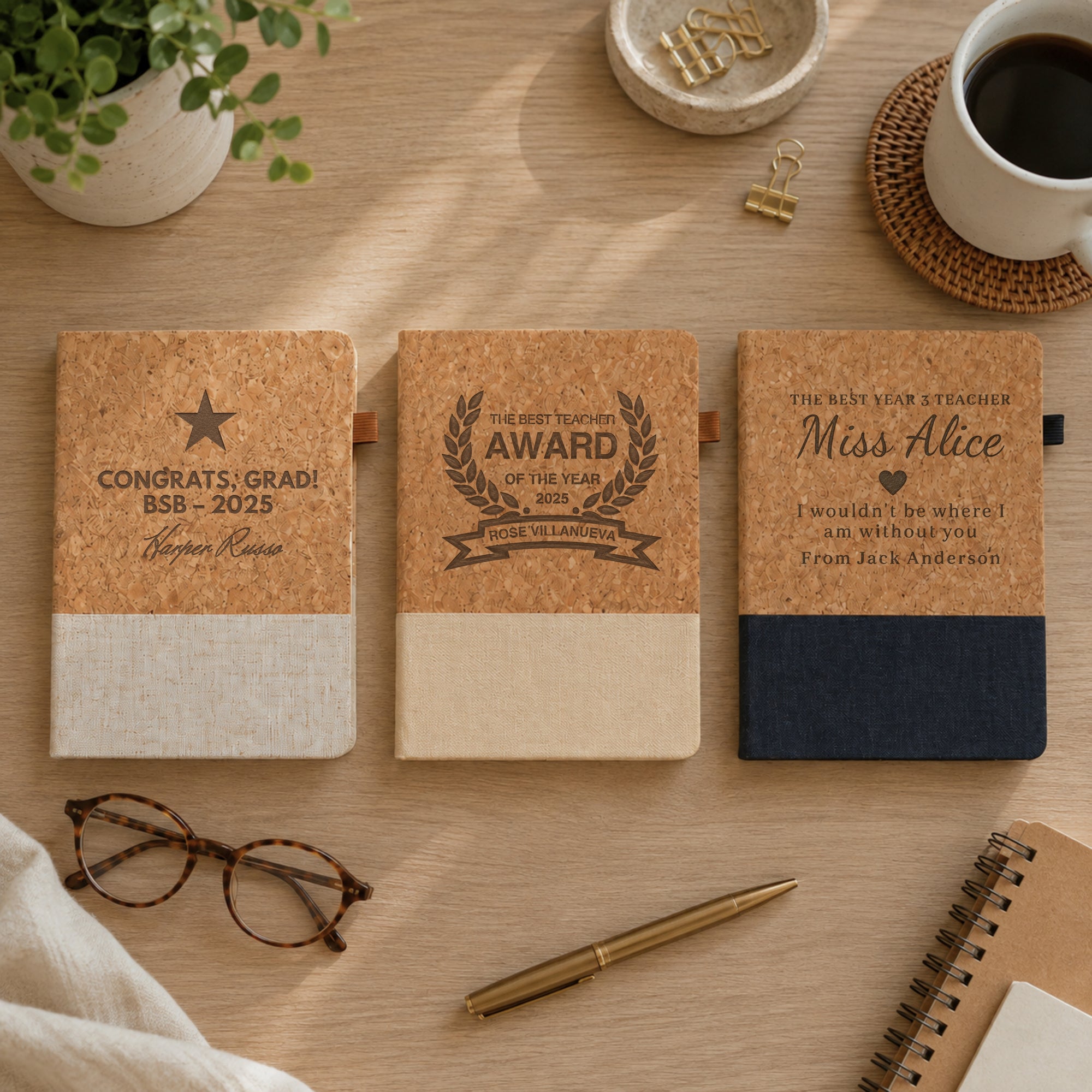 Personalised Cork &amp; Fabric A5 Notebook, Eco-Friendly Custom Engraved Lined Diary, Business Logo Journal, Graduation Birthday, Corporate Gift