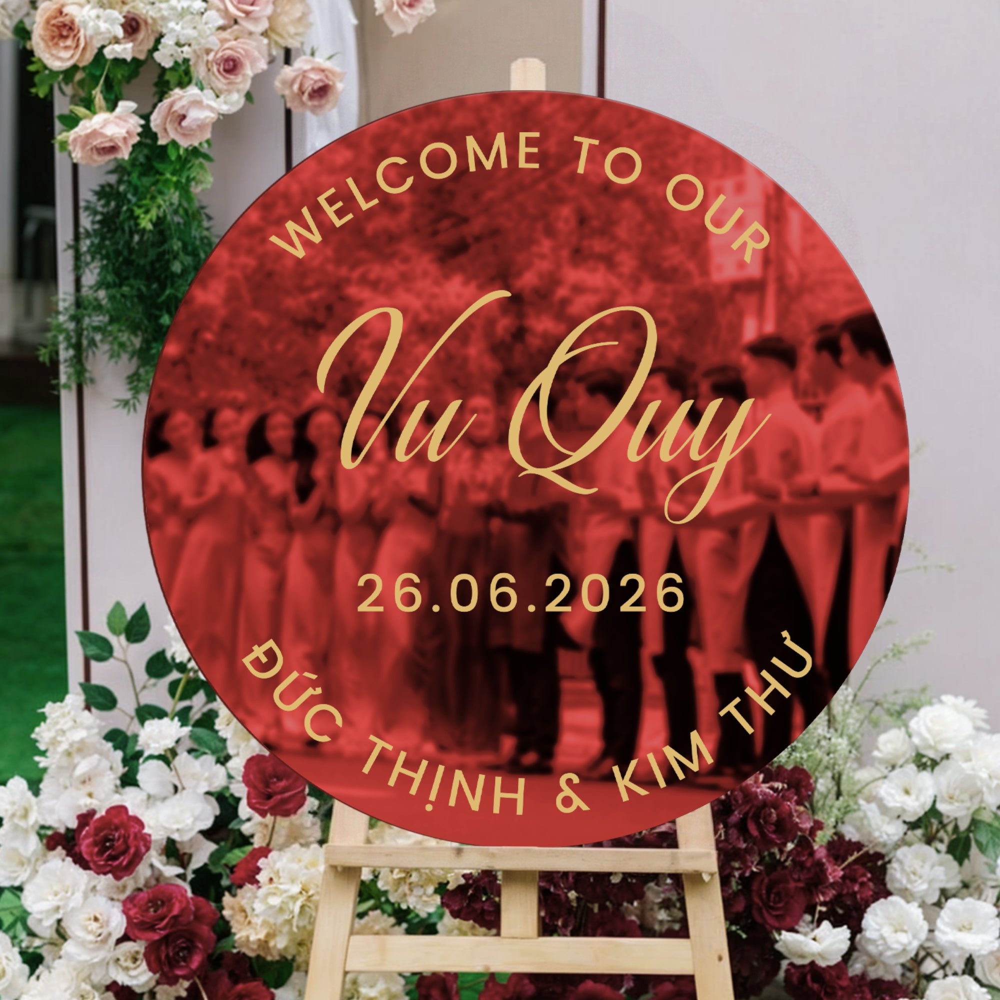 Personalised Couple Names Acrylic Round Wedding Signage, Custom UV Print Mirror Welcome Sign, Engagement/ Anniversary/ Vu Quy/ Tan Hon Decor