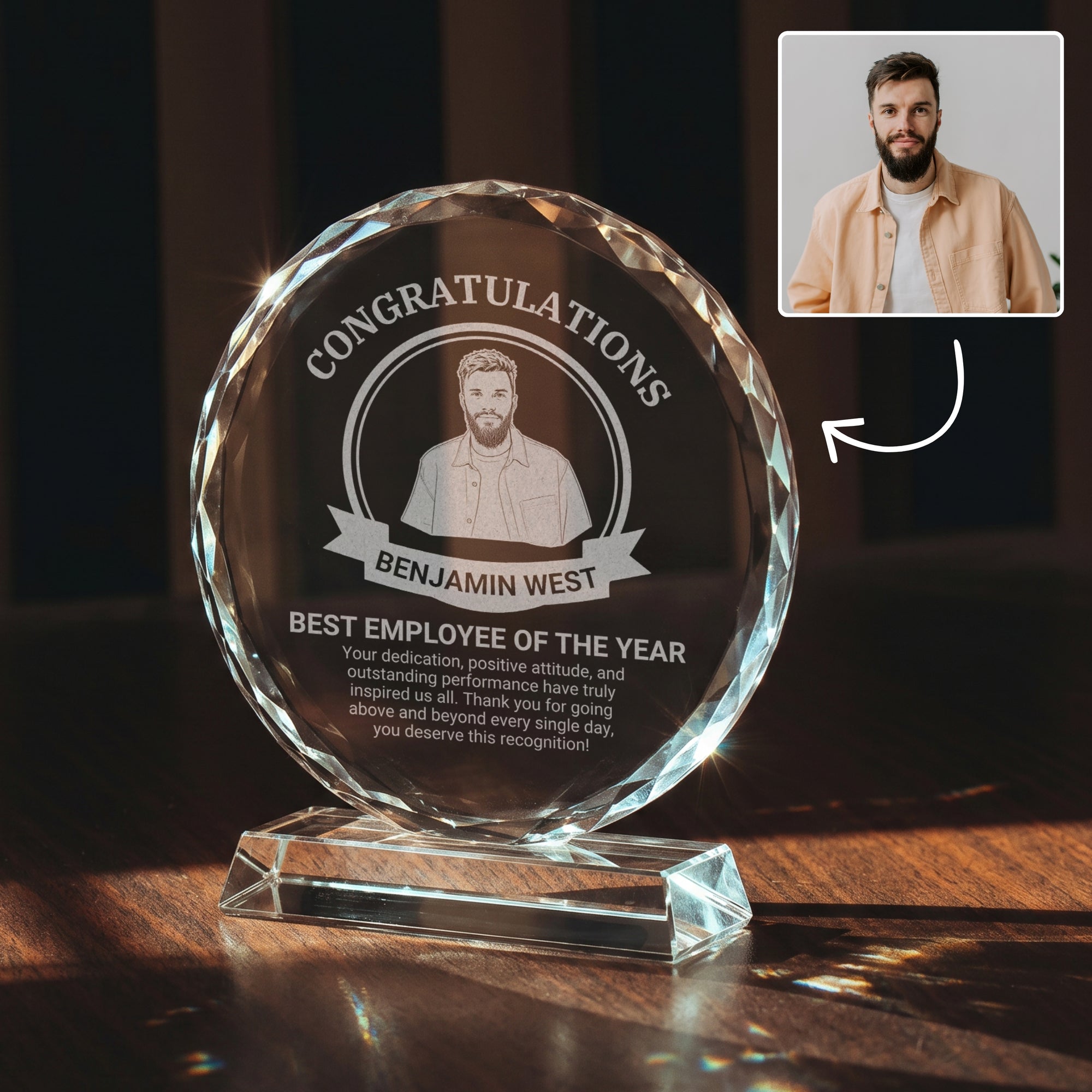Personalised Crystal Glass Trophy, Custom Engraved Photo Employee Recognition Plaque, Graduate Teacher Sport Coach Award Logo Corporate Gift