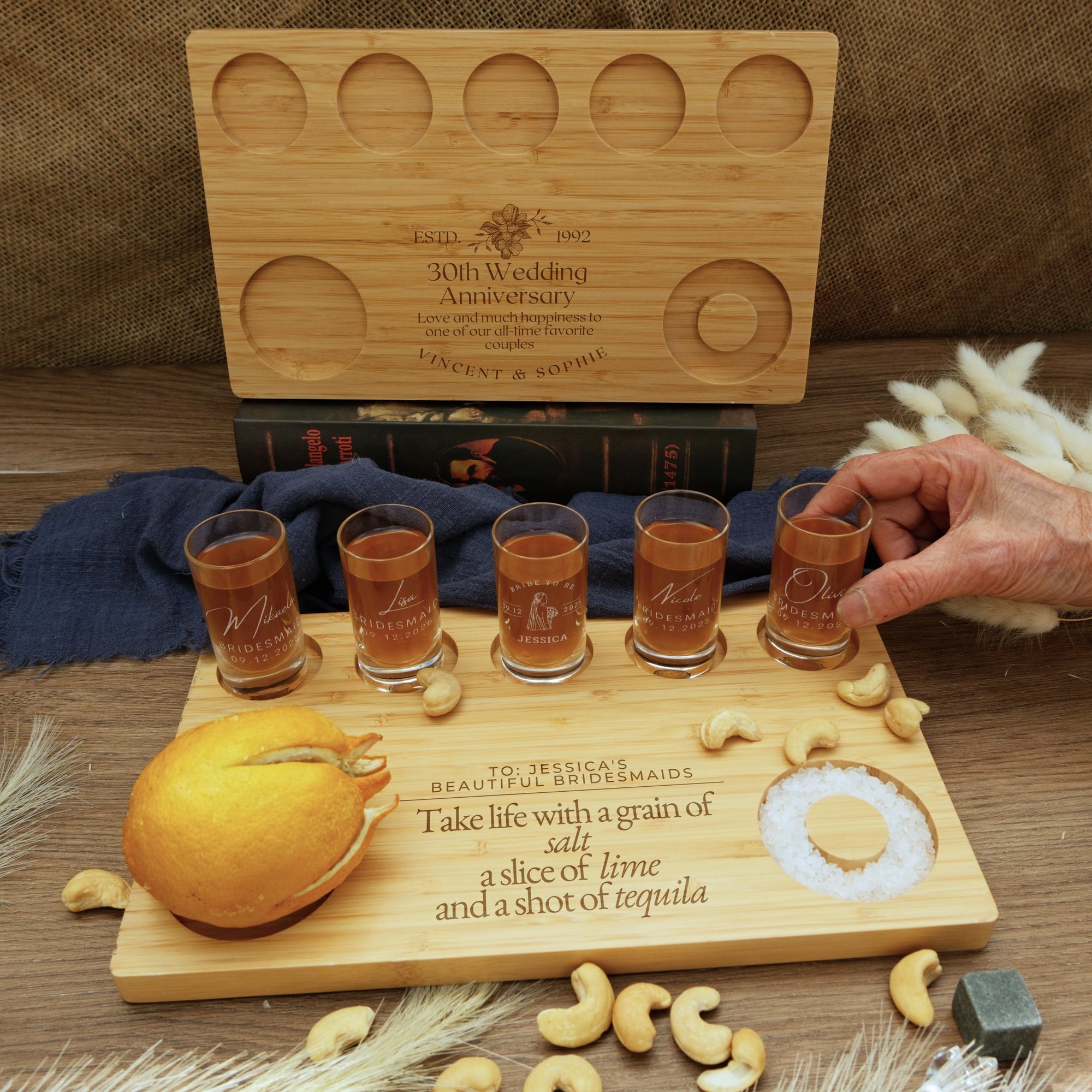 Personalised 5 Crystal Shot Glasses & Custom Engraved Tequila Wooden Flight Board Set, Dad, Bridesmaid Groomsman Wedding Xmas Corporate Gift