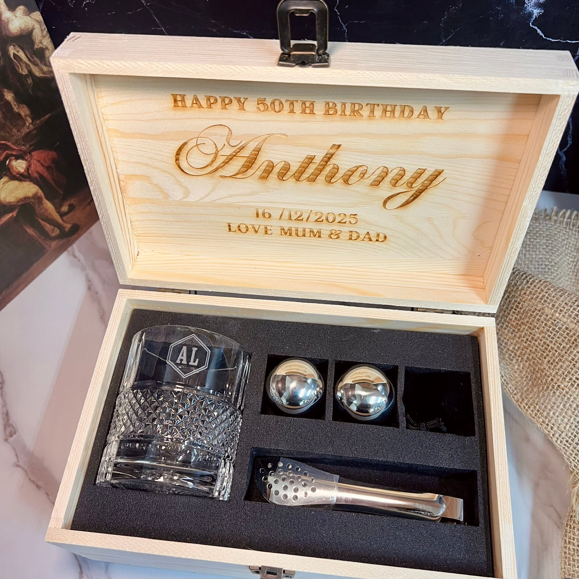 Personalised Deluxe Diamond Italian Crystal Whiskey Glass, 2 Chilling Balls, Tongs, Pouch &amp; Engraved Wooden Box, Groomsman Barware Gift Set