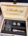 Personalised Deluxe Diamond Italian Crystal Whiskey Glass, 2 Chilling Balls, Tongs, Pouch & Engraved Wooden Box, Groomsman Barware Gift Set