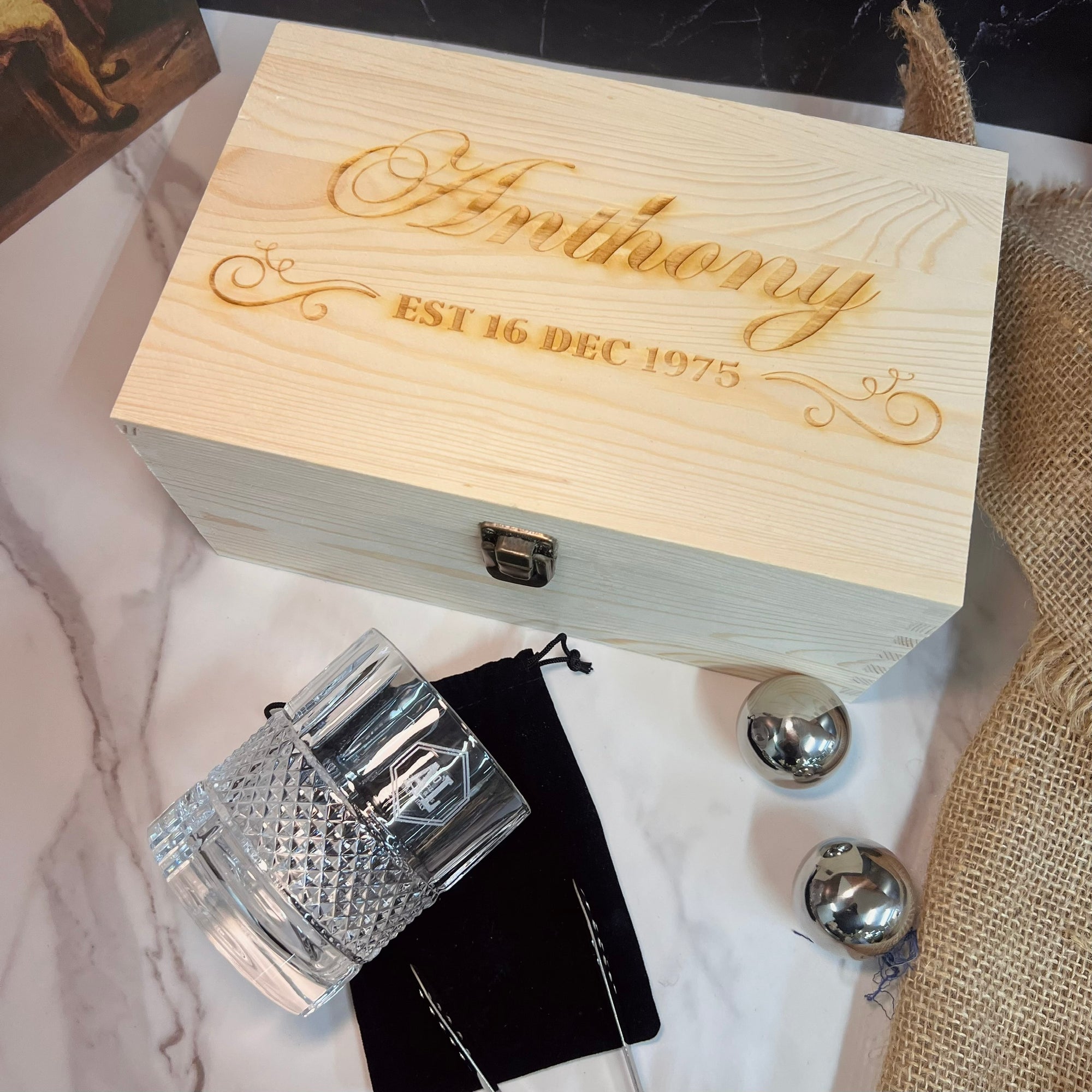Personalised Deluxe Diamond Italian Crystal Whiskey Glass, 2 Chilling Balls, Tongs, Pouch &amp; Engraved Wooden Box, Groomsman Barware Gift Set