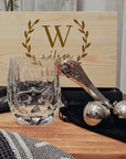 Personalised Deluxe Faceted Italian Crystal Whiskey Glass, 2 Chilling Balls, Tongs, Pouch & Engraved Wooden Box, Groomsman Barware Gift Set