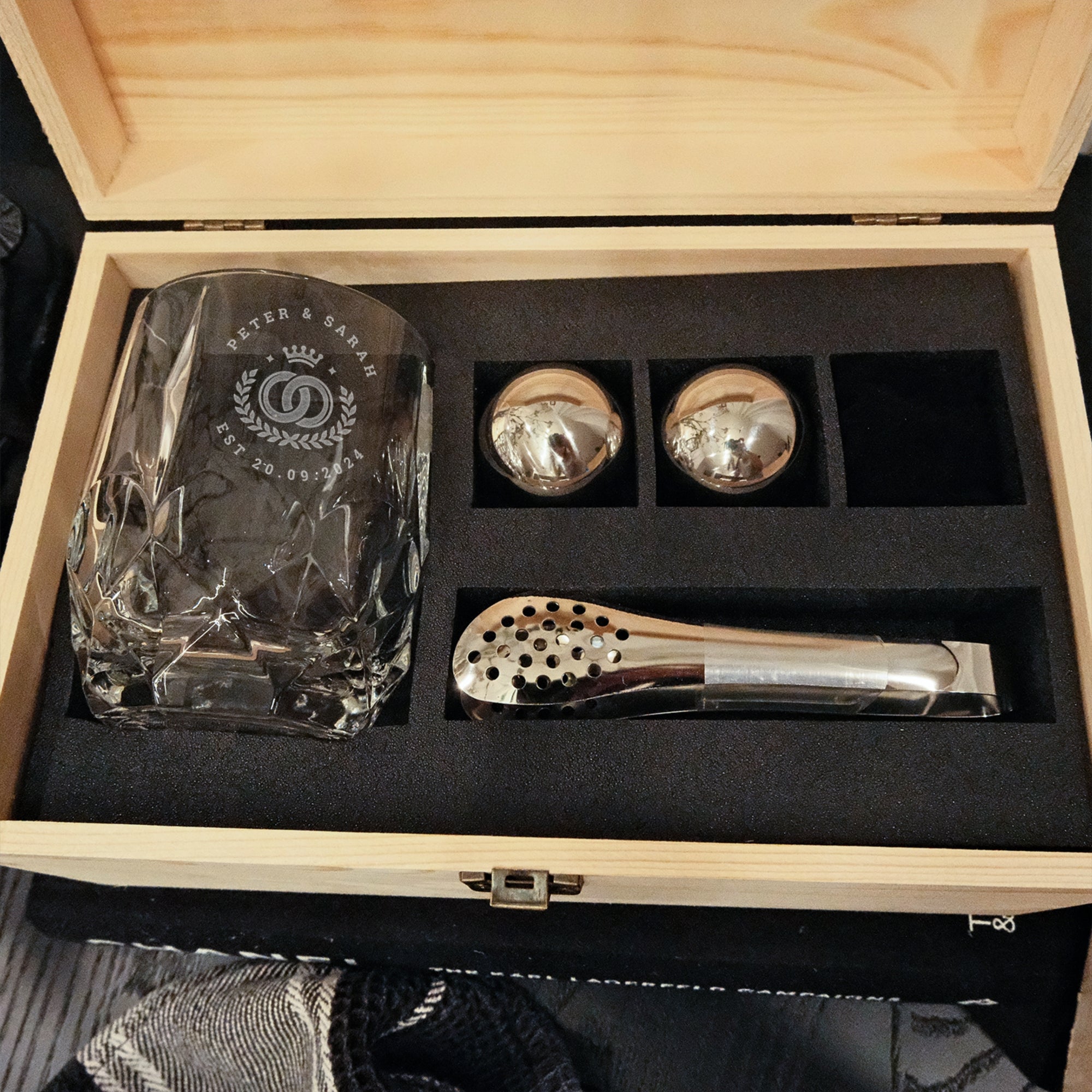 Personalised Deluxe Faceted Italian Crystal Whiskey Glass, 2 Chilling Balls, Tongs, Pouch &amp; Engraved Wooden Box, Groomsman Barware Gift Set