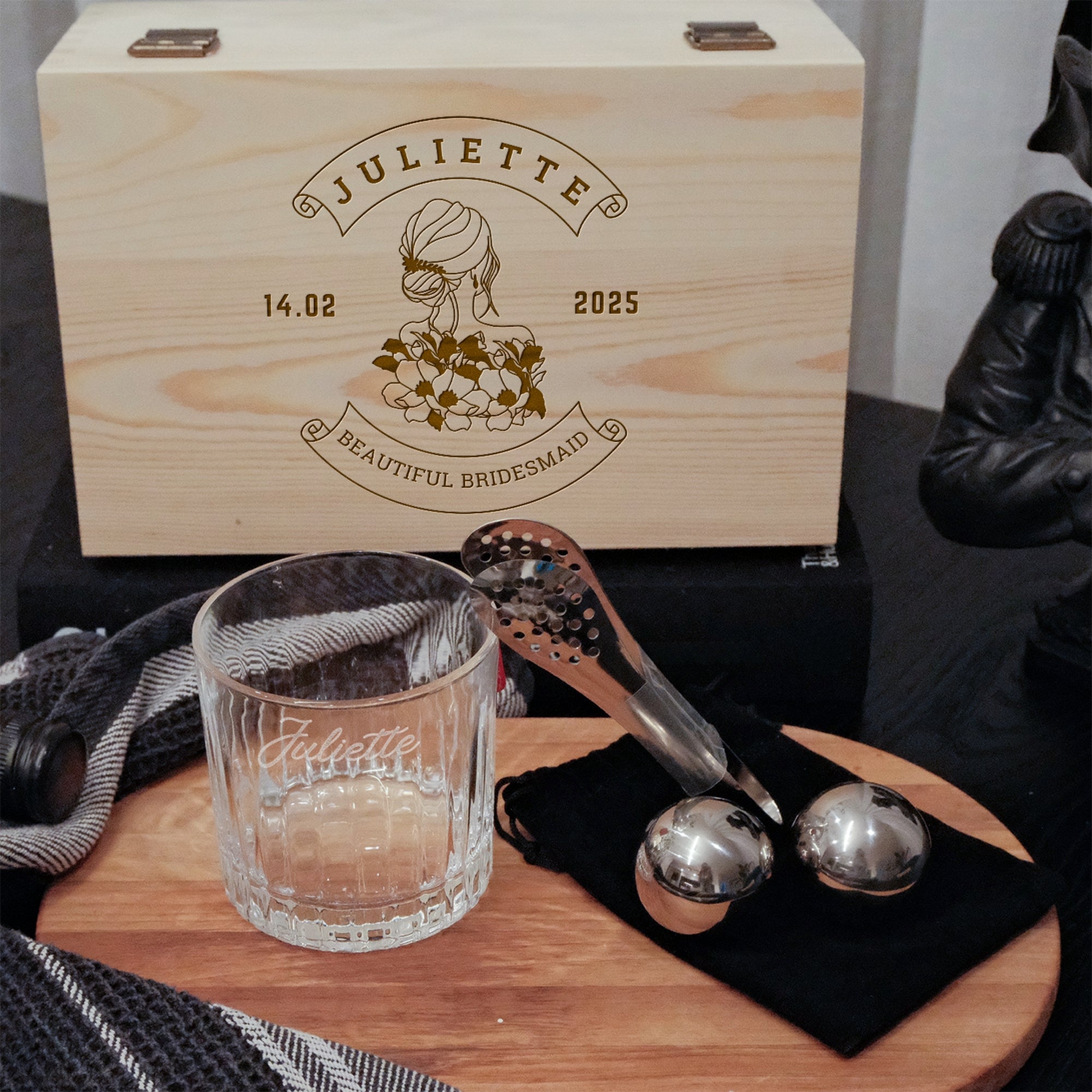 Personalised Deluxe Timeless Italian Crystal Whiskey Glass, 2 Chilling Balls, Tongs, Pouch &amp; Engraved Wooden Box, Groomsman Barware Gift Set