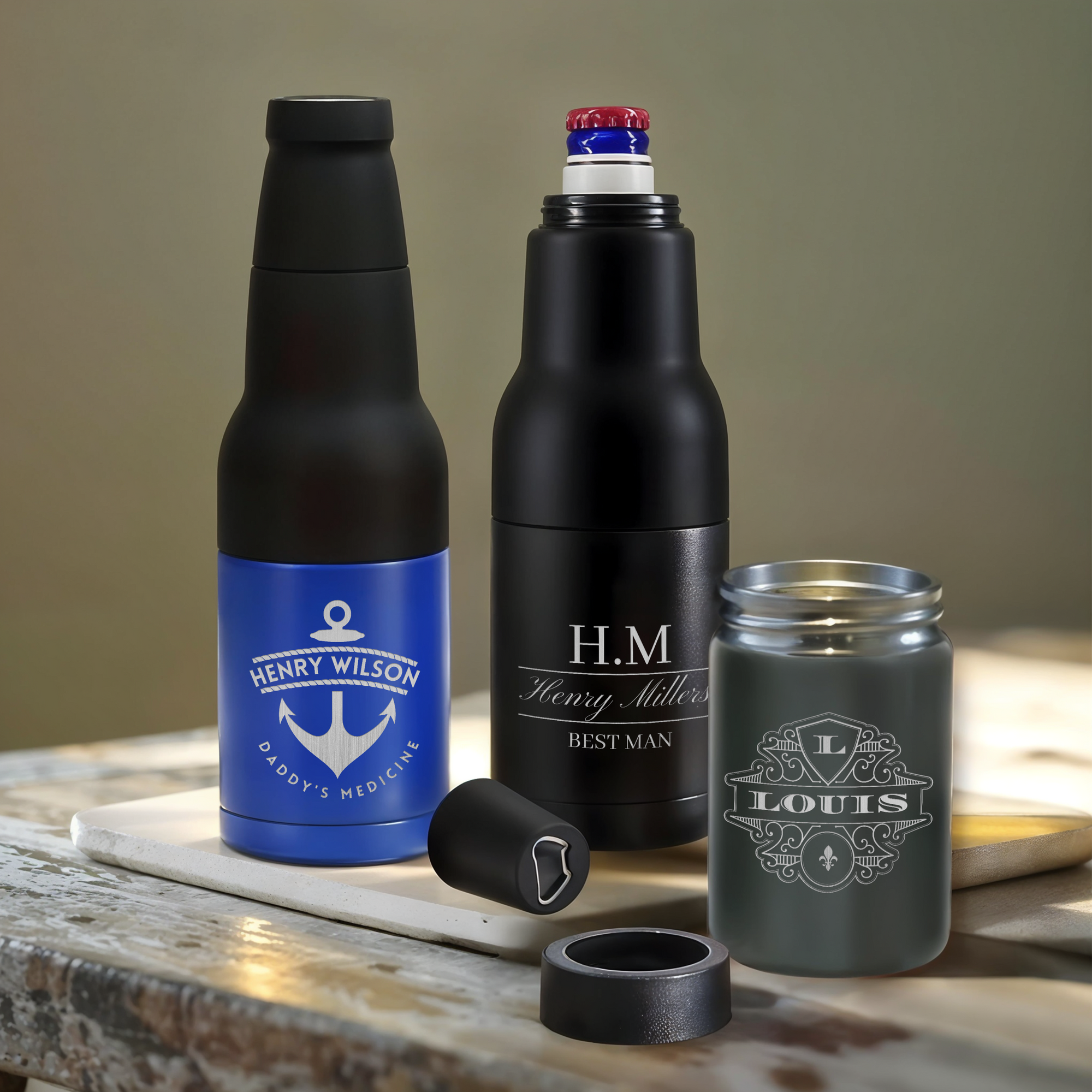 Personalised Detachable 3-in-1 Insulated Can Cooler, Custom Engraved Logo Double Steel Beer Bottle Opener Stubby Holder, Dad Groomsmen Gift