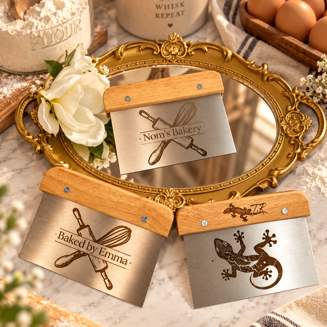 Personalised Dough Scraper, Custom Engraved Stainless Steel Bench Cutter &amp; Wooden Handle, Pastry Baking Kitchen Cooking Tool, Baker Mum Gift