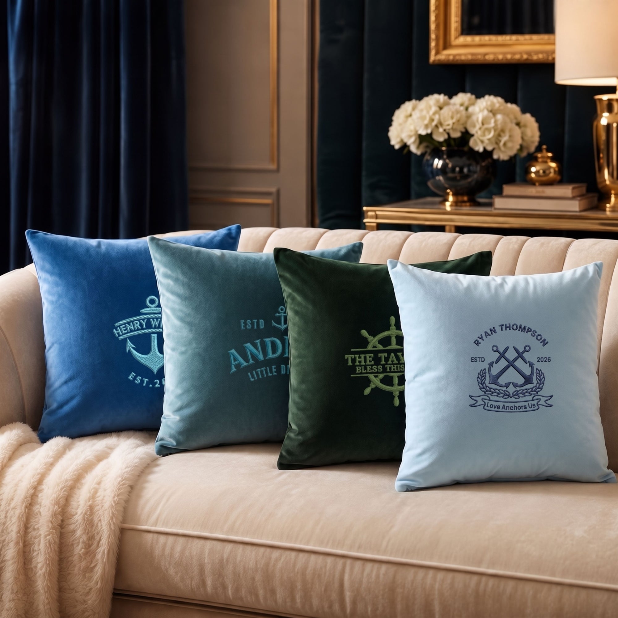 Personalised Embroidered Velvet Cushion Cover 50x50cm, Custom Name &amp; Monogram Luxe Throw Pillow Home Décor, Housewarming, Xmas, Wedding Gift