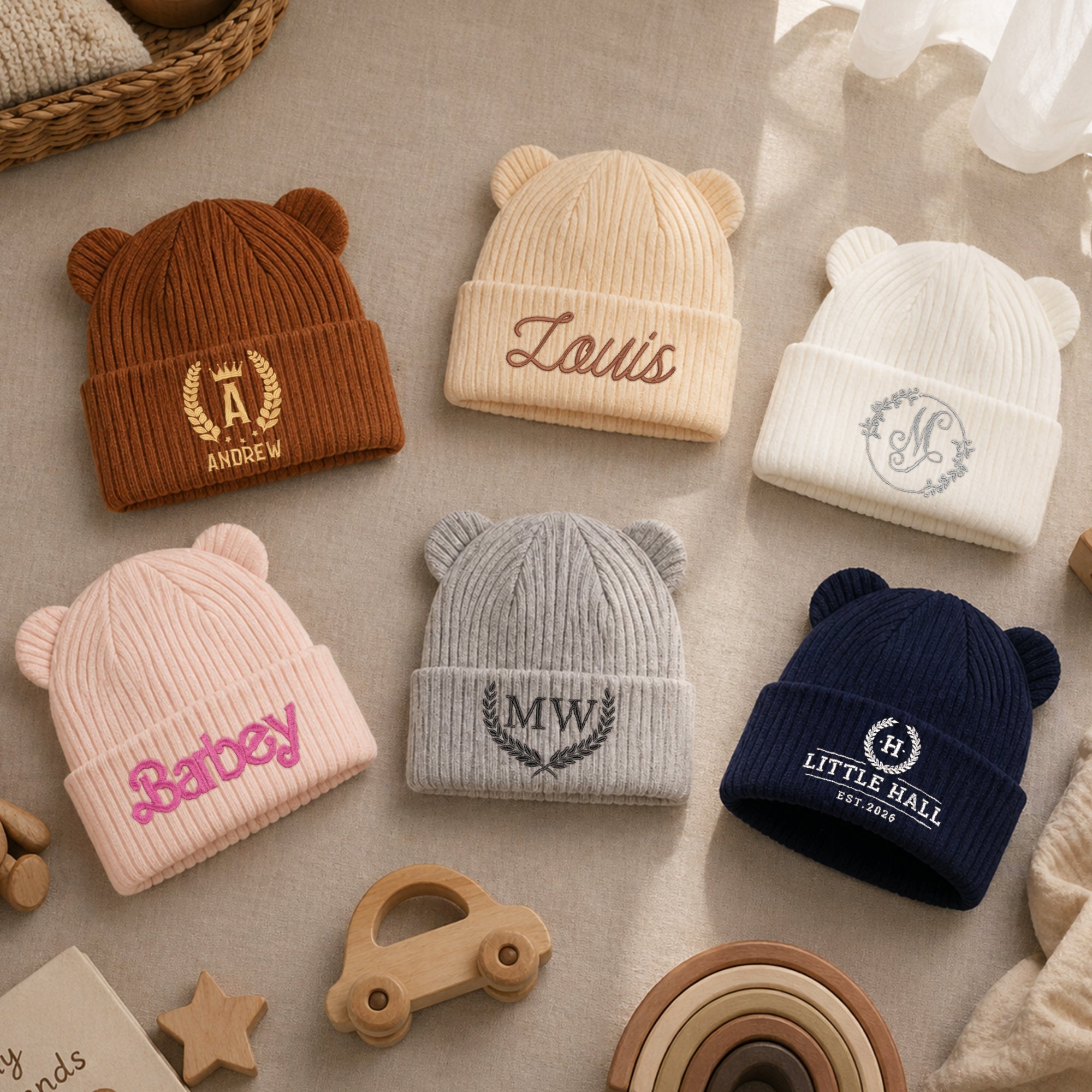 Personalised Embroidery Baby Knitted Bear Ears Beanie, Custom Name Newborn Toddler Winter Hat, Kid, Infant Birthday Shower, Christening Gift