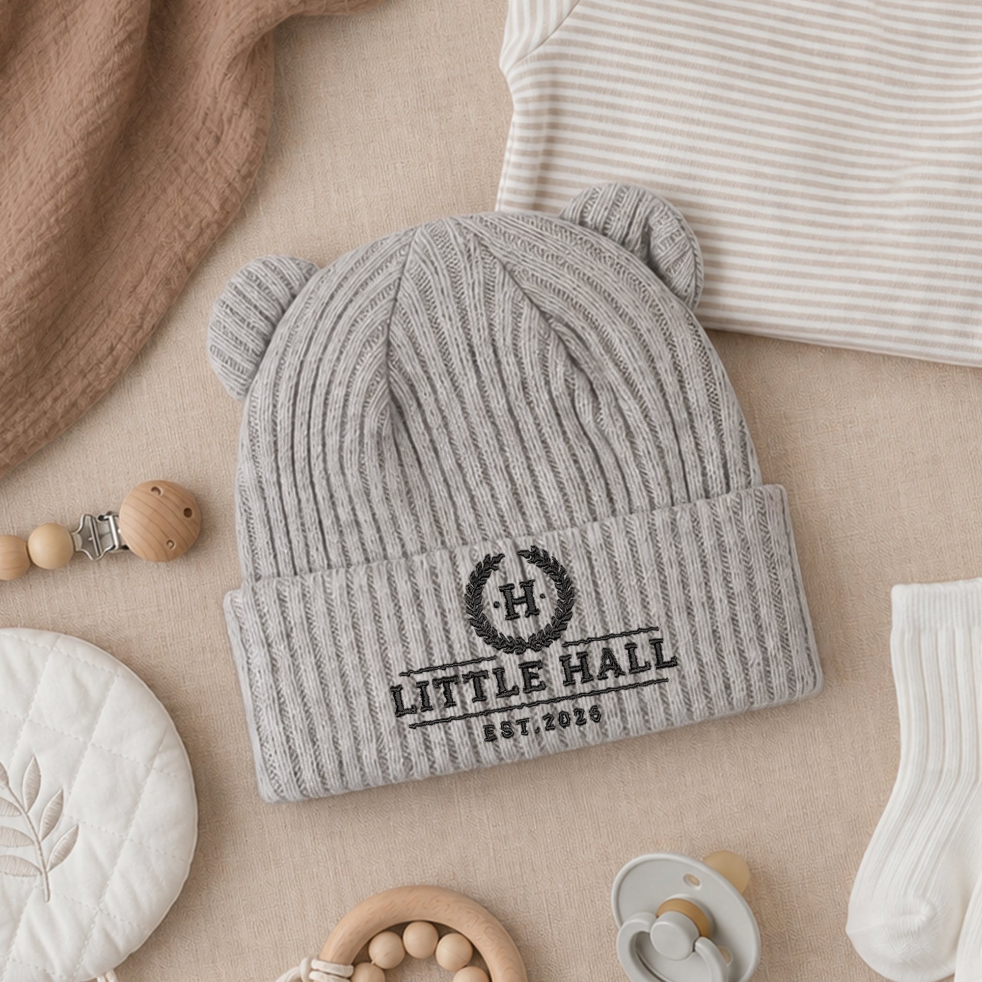 Personalised Embroidery Baby Knitted Bear Ears Beanie, Custom Name Newborn Toddler Winter Hat, Kid, Infant Birthday Shower, Christening Gift