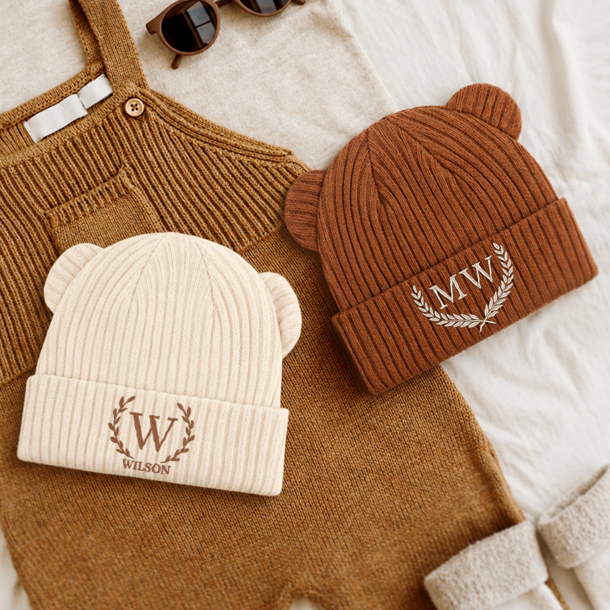 Personalised Embroidery Baby Knitted Bear Ears Beanie, Custom Name Newborn Toddler Winter Hat, Kid, Infant Birthday Shower, Christening Gift