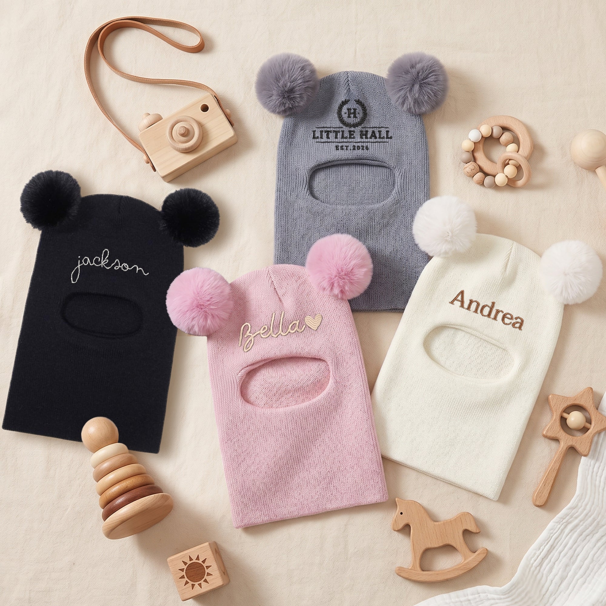 Personalised Embroidery Baby Pom Pom Ear Knitted Beanie & Neck Warmer, Custom Name Newborn Winter Hat, Kid Infant Birthday, Christening Gift